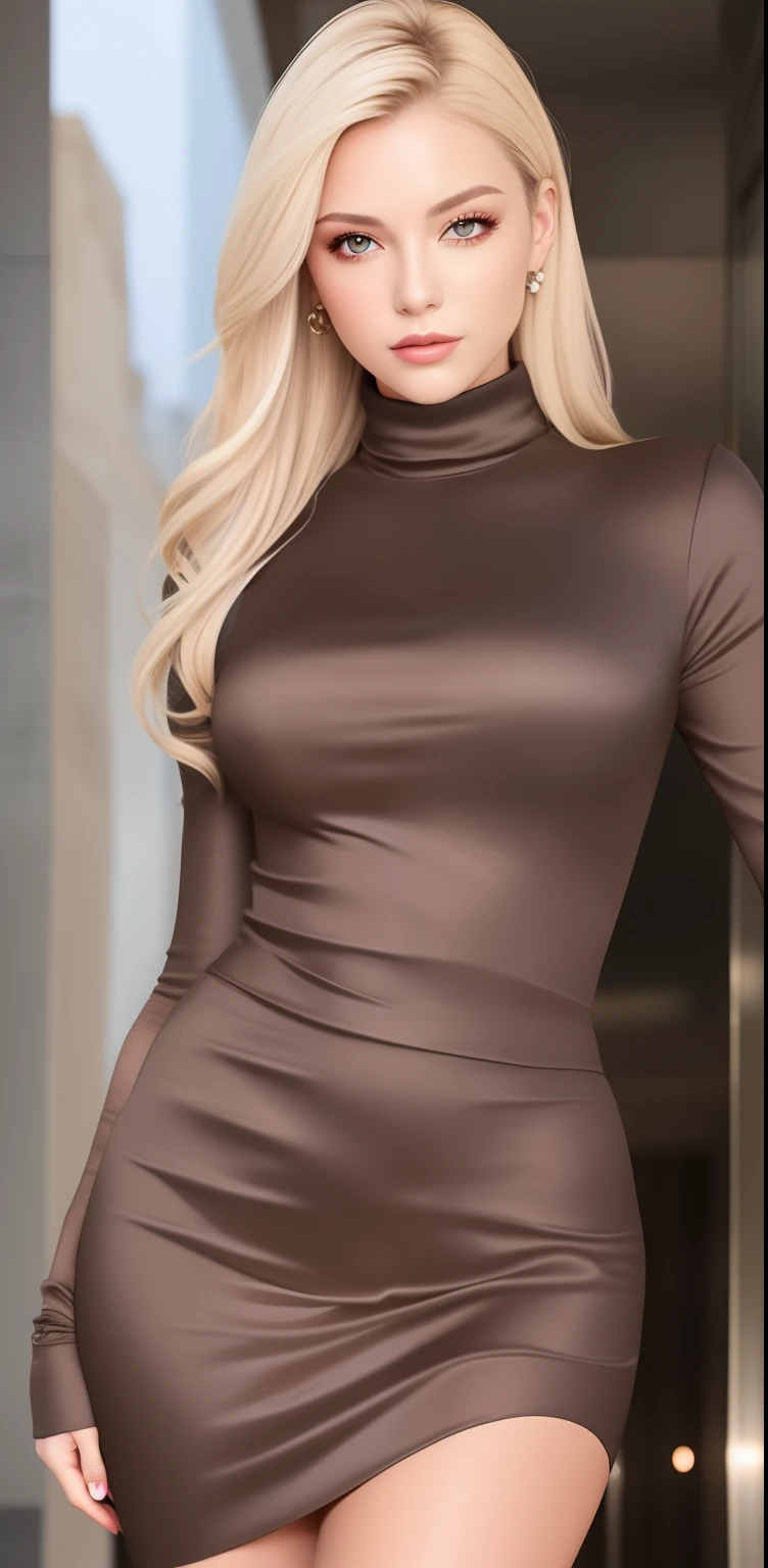 woman, A fashion model, turtleneck dress, Glamour, paparazzi taking pictures of her, Blonde hair, Brown eyes, 8K, High quality, Masterpiece, Best quality,G-cup， HD, Extremely detailed, voluminetric lighting, Photorealistic