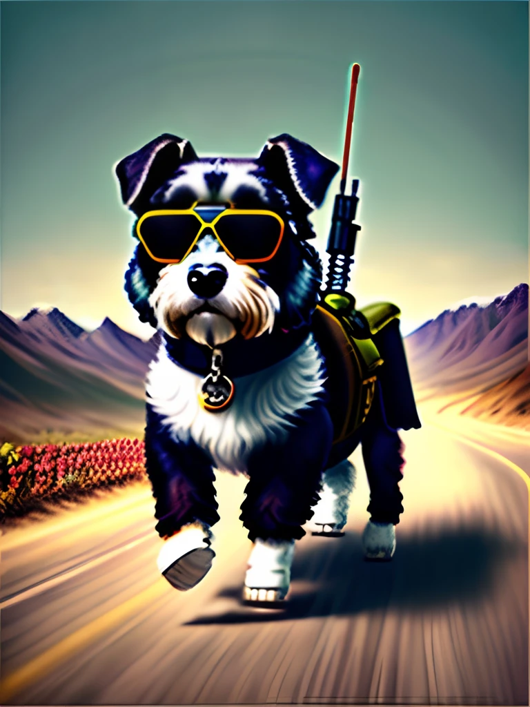 Schnauzer dog、Riding a motorcycle、holding rifle、Wearing sunglasses、