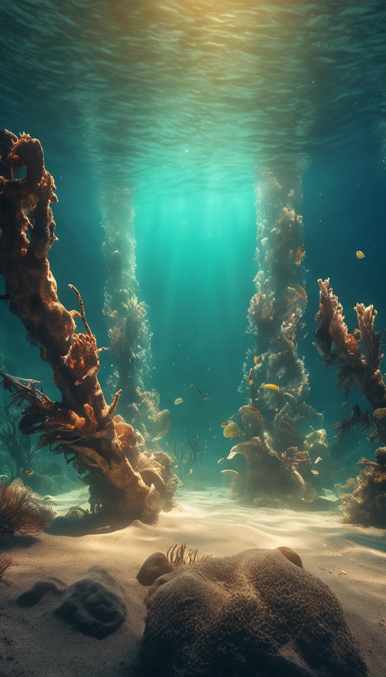 (((a CHROME ANCHOR stuck at the bottom of a DEEP Ocean floor))) shafts of sunlight filtering through the ocean's surface, illuminating the hidden world beneath, create a captivating underwater scene. vertical panorama, Ultra Wide View. UHD, masterpiece, award winning photo, expansive landscape photograph , (a view from below that shows sky above and open field below), (masterpiece:1.2), (best quality), 4k, ultra-detailed, (dynamic composition:1.4), highly detailed, colorful details,( iridescent colors:1.2), (glowing lighting, atmospheric lighting), dreamy, magical, (solo:1.2)