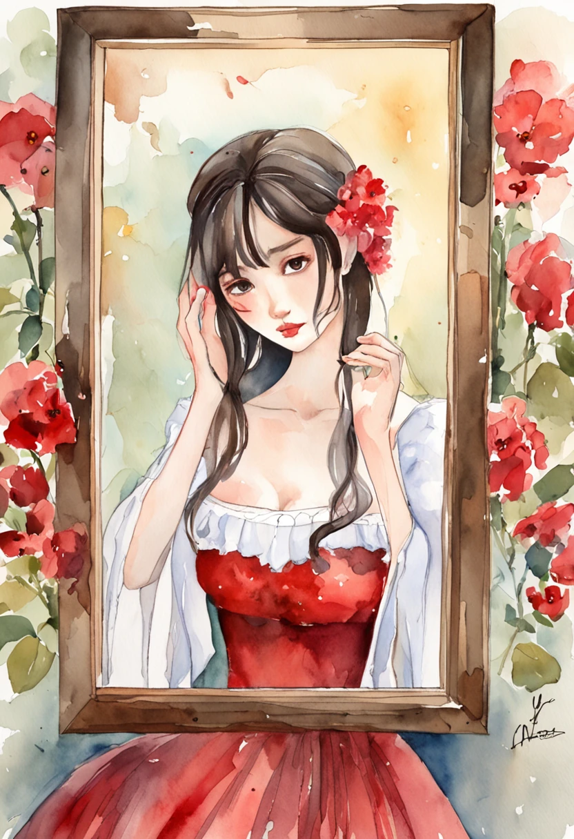 Anime girl in a red dress looking in a mirror, Imagen emocional, Pintura triste emocional, con un espejo, Looking in a mirror, Hugging, looking in the mirror, , looking in the mirror, , looking in the mirror, autorretrato!!!, una imagen, por Lizzy Ansingh, What depression looks like, por Maryam Hashemi