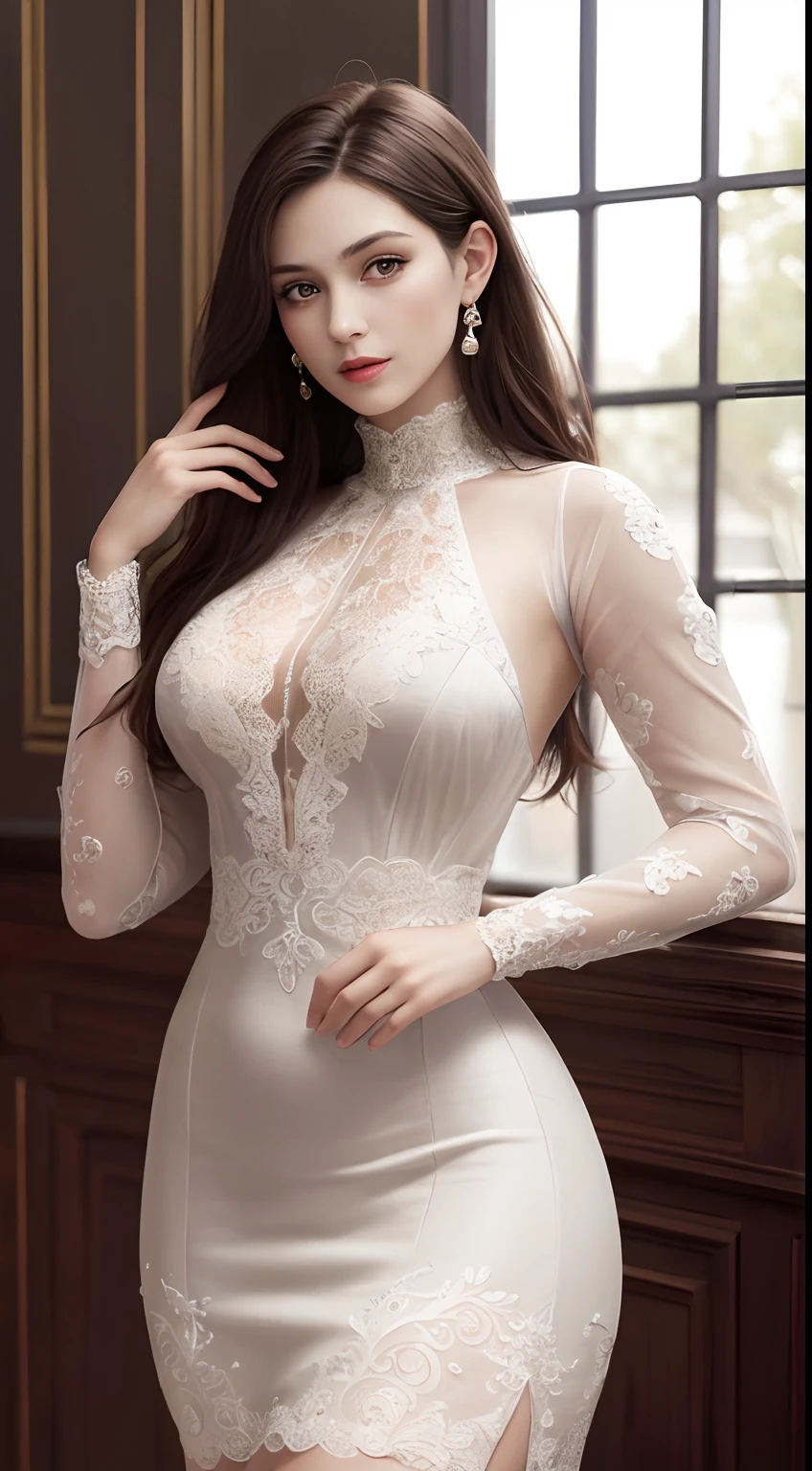 (Masterpiece:1.2, Best quality), Realistic, (Real picture, Intricate details, Depth of field), parted lip, High neck lace skirt,highly detailed, Perfect face, Perfect body, Large models,
Mature woman, Tall, Long legs,
Natural background bokeh