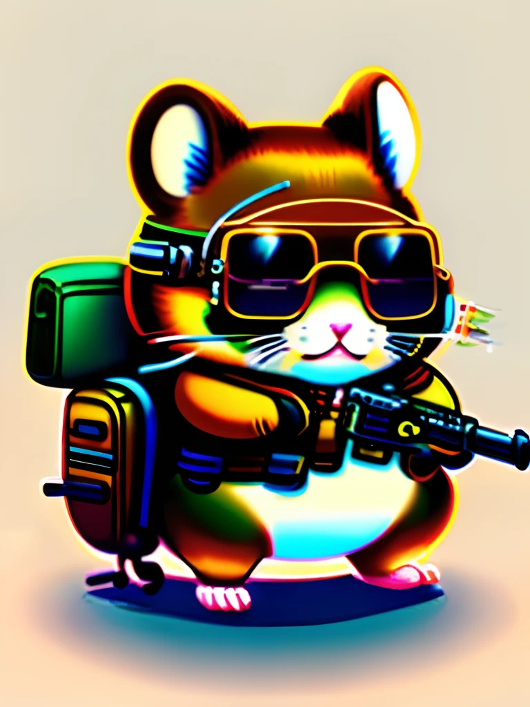 Kawaii hamster riding motorcycle and holding rifle。Female cute hamster is on her back、Aiming with a rifle、wears sunglasses、Gangster hamsters