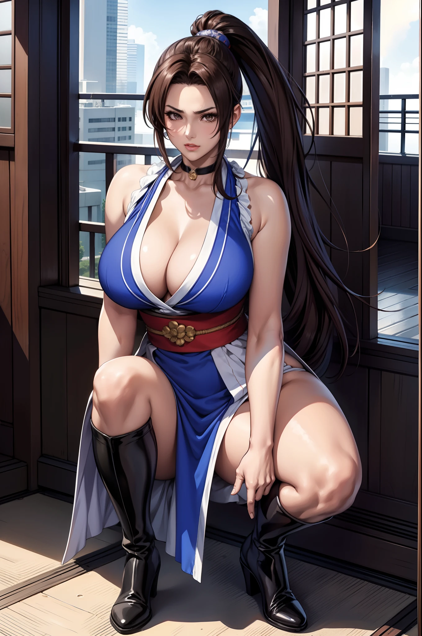 Blue Dress, Sleeveless, ((mai shiranui:1.2)), Bare shoulders, Brown hair, Brown eyes, Long high ponytail, hair tie, makeup, 1 persons、25-years old, Japan mature woman, Beautiful Finger, Beautiful long legs, Beautiful body, Beautiful nose, Beautiful character design, Perfect eyes, Perfect face, Jewelry, See-through, Looking at Viewer, Hair Ornament, Choker, Shy, The King of Fighters,
(masutepiece, of the highest quality, Best Quality, Official art, Beautiful and aesthetic: 1.2, Extremely detailed, more detailed,
(Large breasts:1.2,) , Floating skirt,Sweat is coming out of the whole body:1.0
Cyberpunk Little Tokyo Area, full body photographed:1.2、Knee high long boots with pin heel,is standing