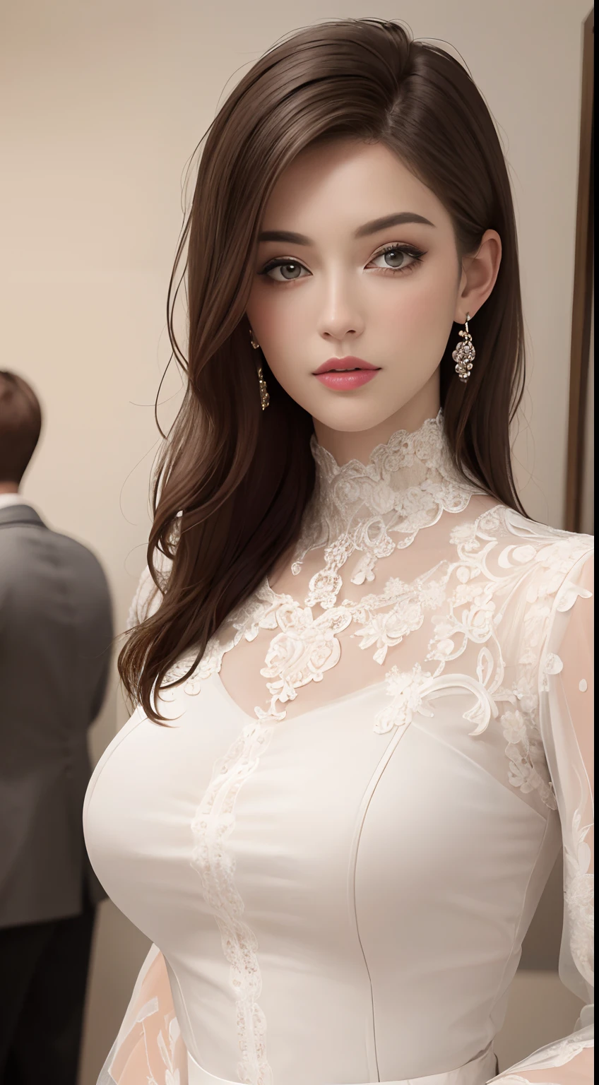 (Masterpiece:1.2, Best quality), Realistic, (Real picture, Intricate details, Depth of field), parted lip, High neck lace skirt，highly  detailed, Perfect face, Perfect body, Large models,
Mature woman, Tall, Long legs, 
Natural background bokeh