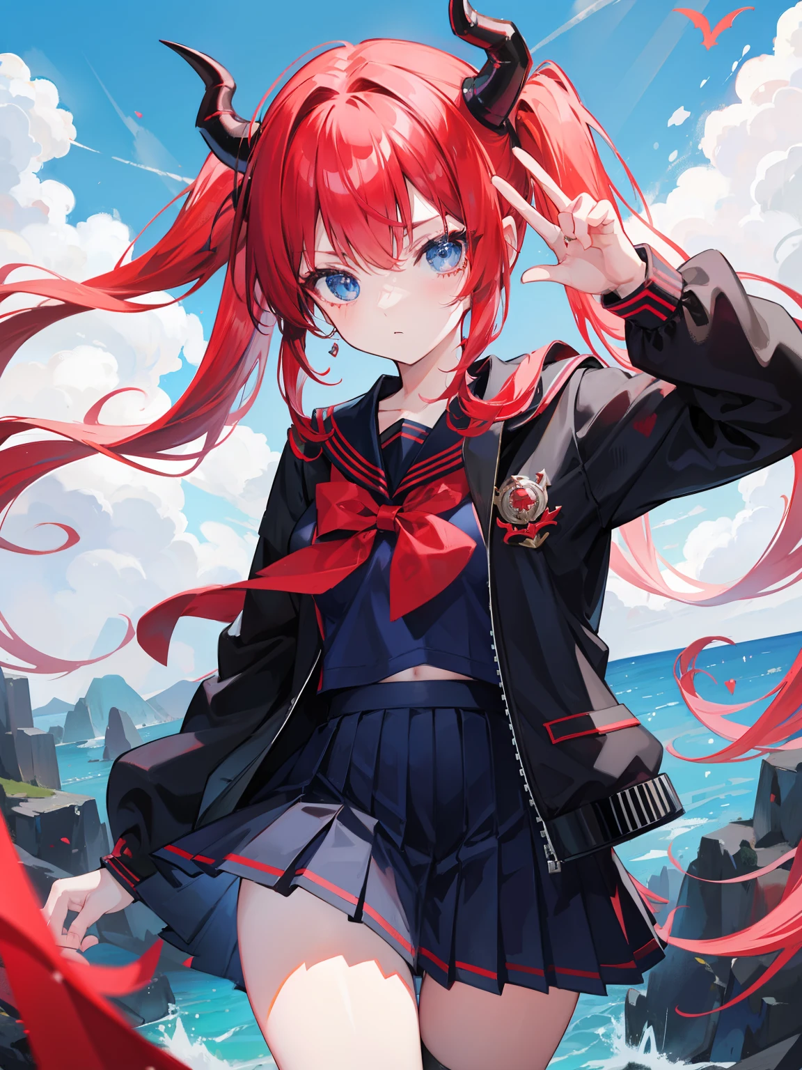 red hair, blue eyes, twintails, Sailor suit,black coat, Dragon horns,Pleated skirt,solo,loli,cute,bow