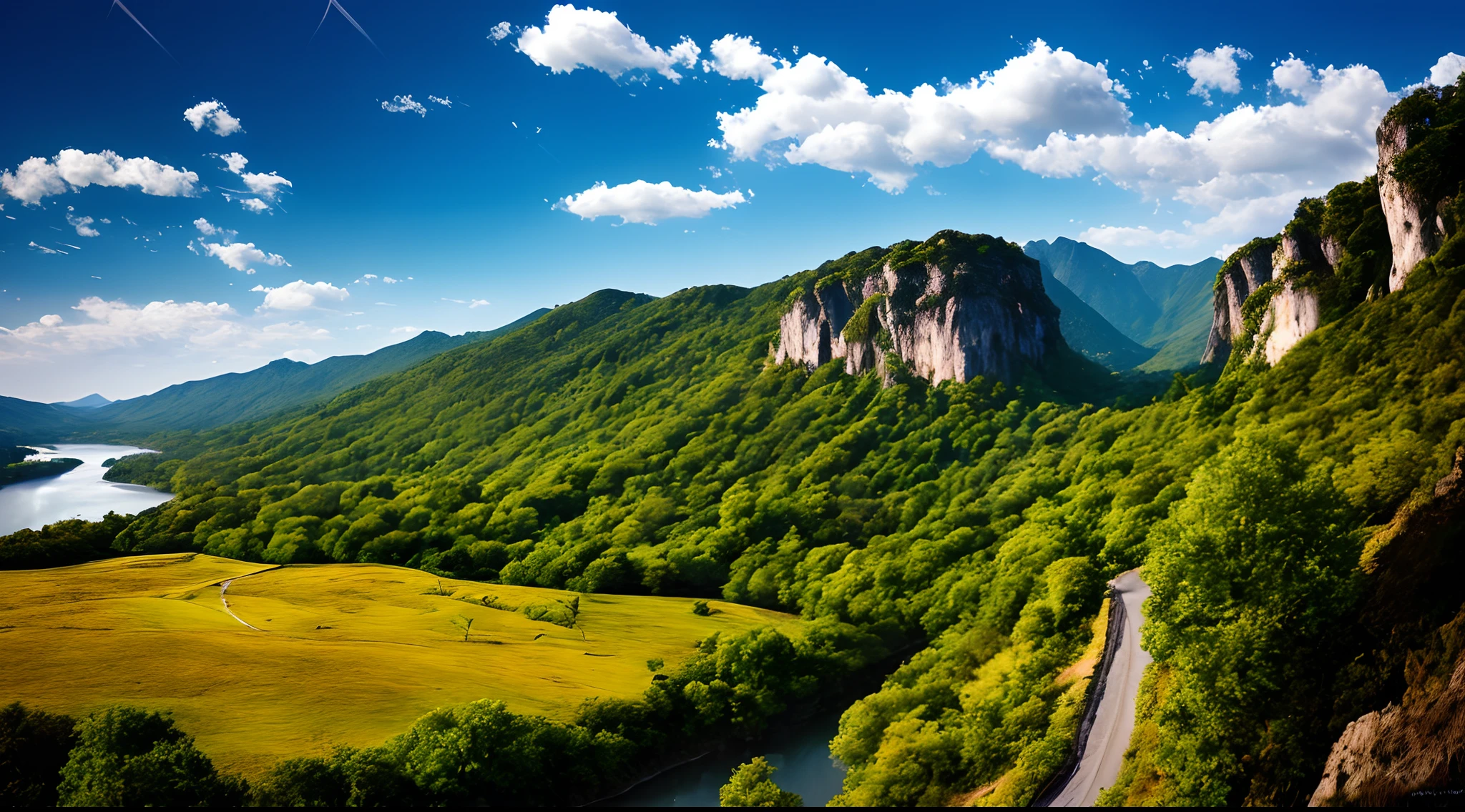 Masterpiece, ultimate quality, Cg unity 8k wallpaper, super delicate, beautiful sky and clouds, rich natural scenery, cliffs, lakes and rivers, waterfalls and flying water, beautiful green mountains, no trace of people, excellent scenery, has already won a photo contest, background Blurring, full depth of field, HDR high dynamics, true restoration, intricate, extreme details, dramatic presentation, perfectly presenting the style of midjourney art.