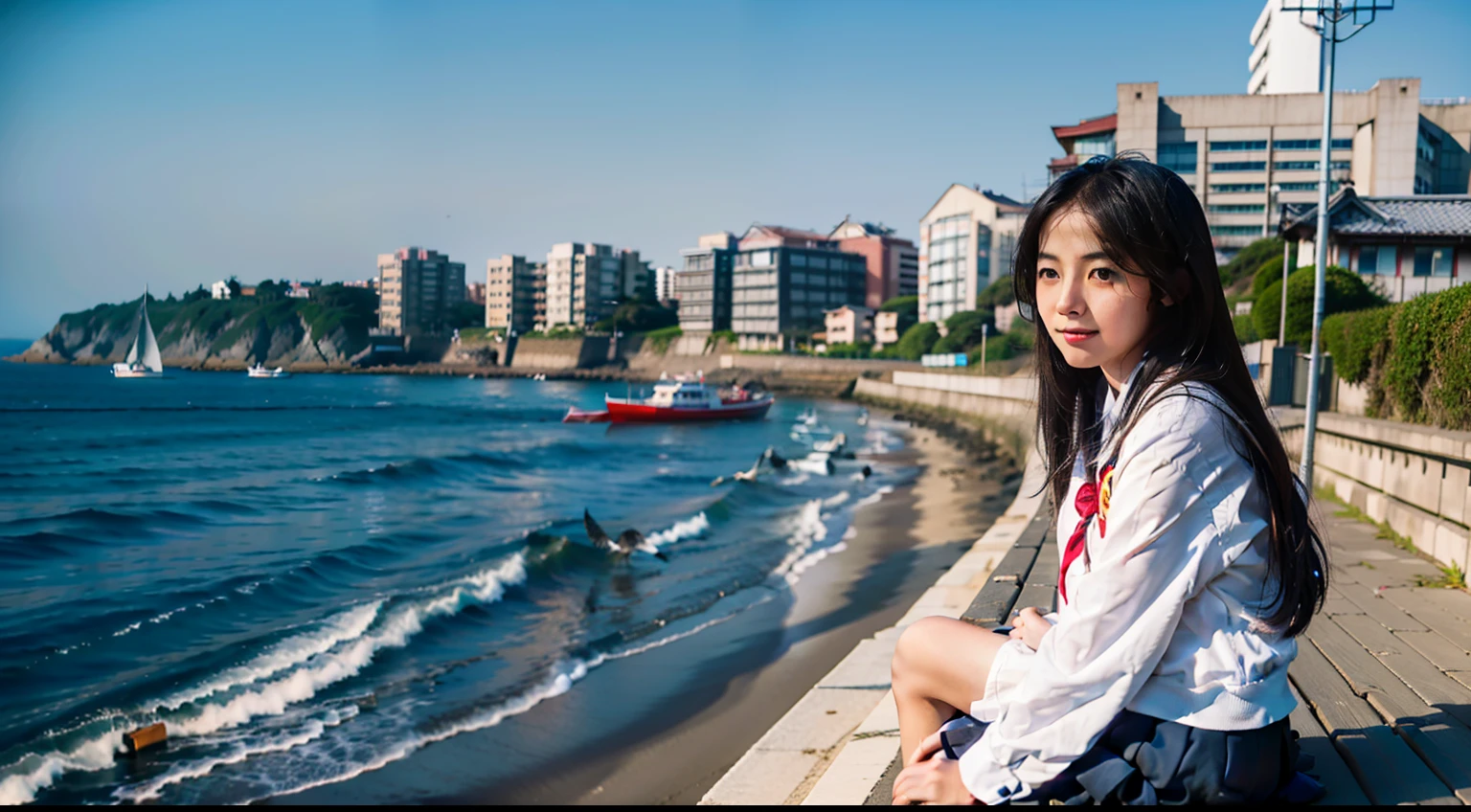 japanese girl,A schoolits on an embankment by the sea,Wear a student uniform,Long hair flutters in the wind,There are boats and seagulls in the distance,Blue sea