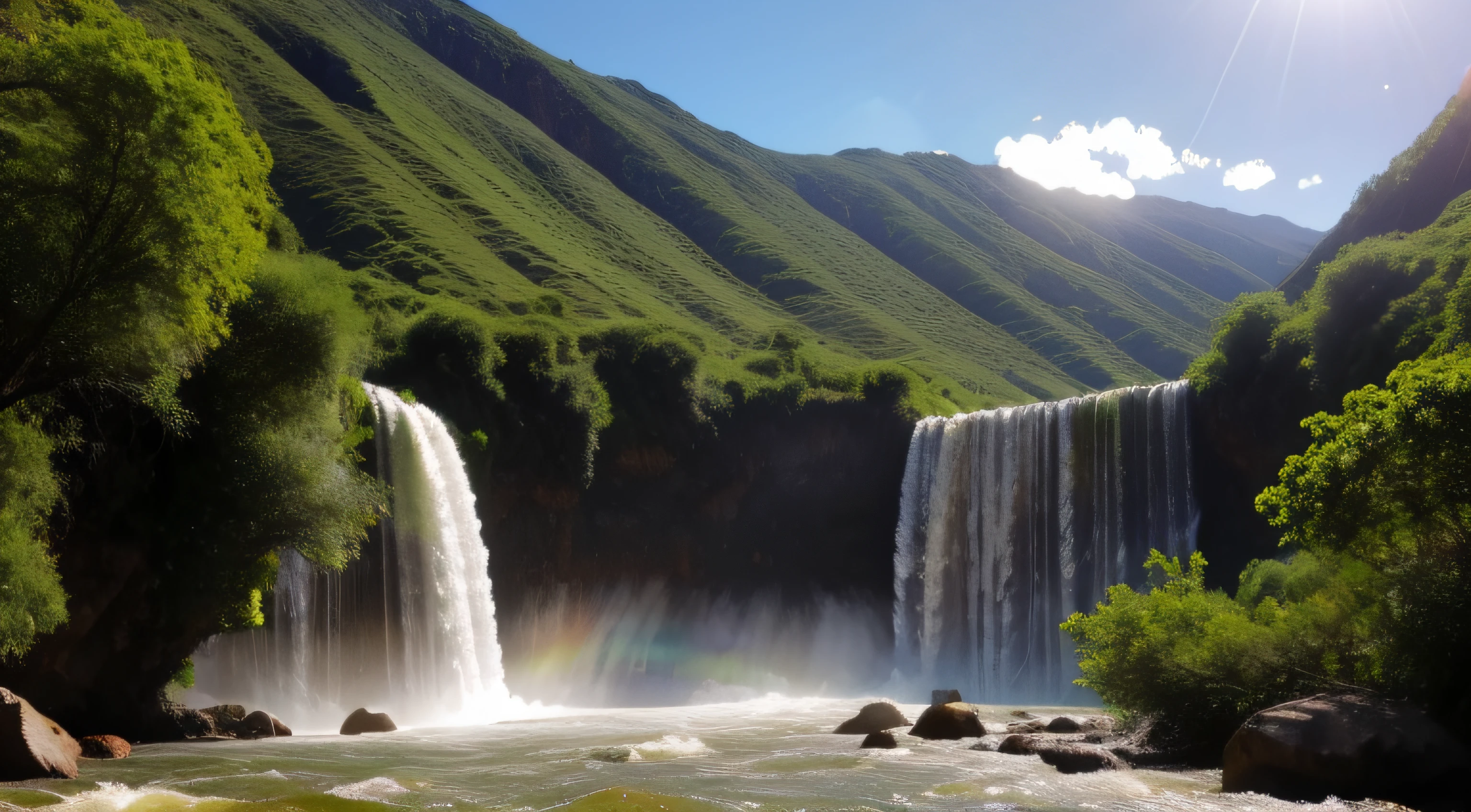 High mountains and flowing water，rios，the trees，waterfallr，rainbowing，suns