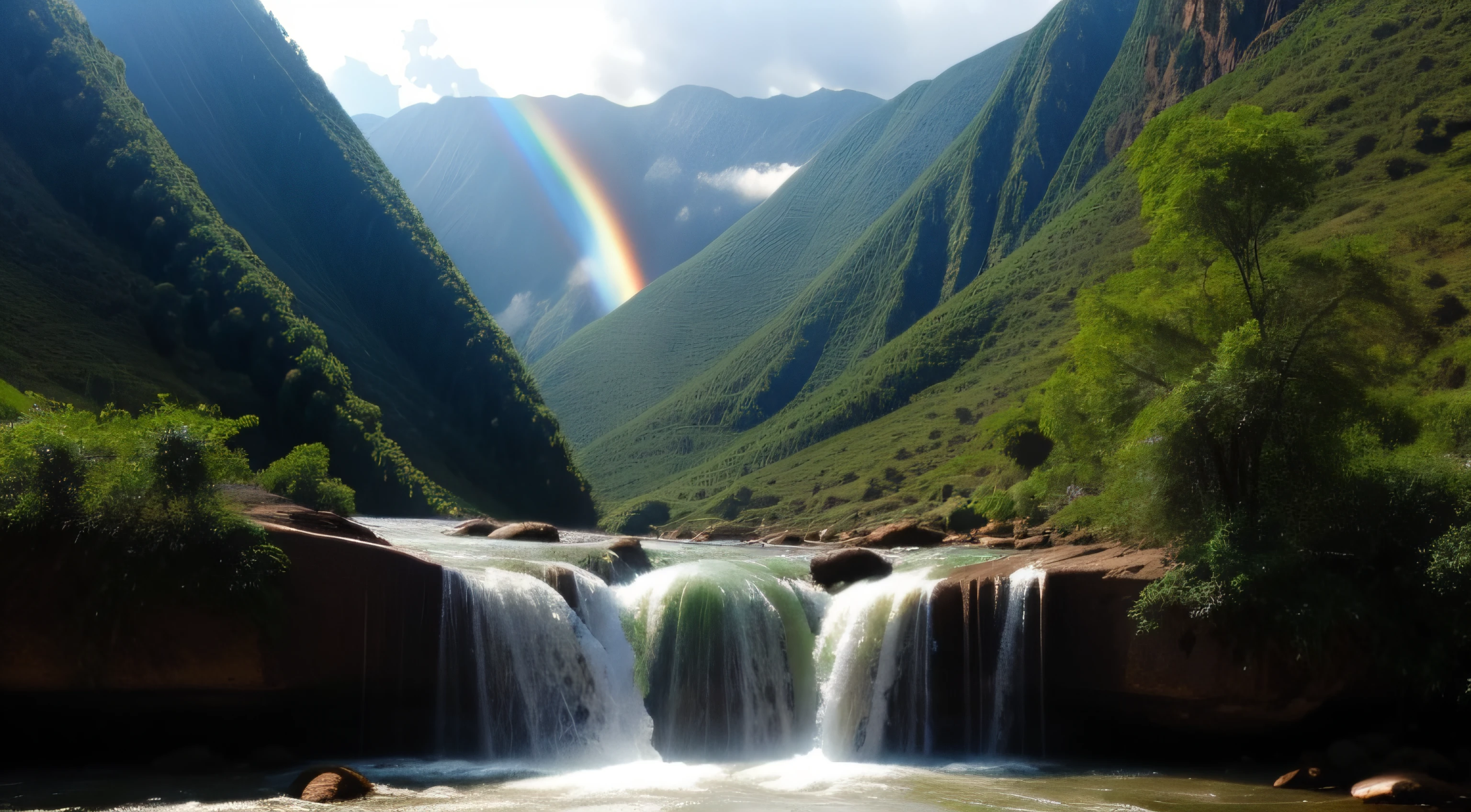 High mountains and flowing water,rios,the trees,waterfallr,rainbowing,suns