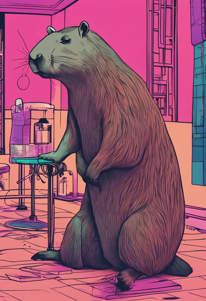 (((Obra-prima))), qualidade excepcional, imagem ultra detalhada, Fantastic humanoid capybara in your hair salon waiting for your clients