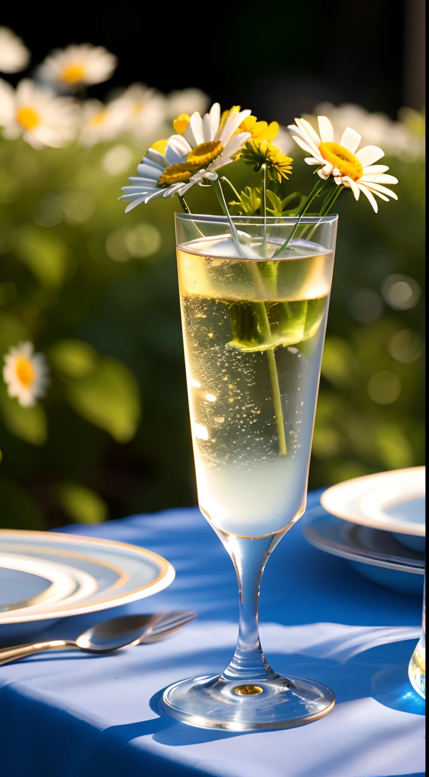 A glass with drops of water filled with carbonated drinks, translucent liquid, ice cubes, bubbles, a floral crown of daisies and lavender on picnic tablecloths, midday outdoor lighting, open air, natural background, summer day, hot weather, high detail, very humid humidity, high brightness, wet watermarks, excessive detail, surrealism, soft light, studio lighting, diffuse soft light, shallow depth of field, sharp focus, bokeke effect, light tracking, subsurface scattering, complex soft light, diffuse soft light, highly detailed glass reflection, ultra-thin (ultra-thin), ultra-thin) (thin, ultra-detailed), cinematic, surrealism, hardware, best quality, ultra-high resolution (photorealistic: 1.4), high resolution, detail, raw photography, clear reproduction, 4 kodak portra 400 stock camera, f1.6 lens, realistic texture, spectacular lighting, not a real engine, popular on artstation, cinemas up to 800,