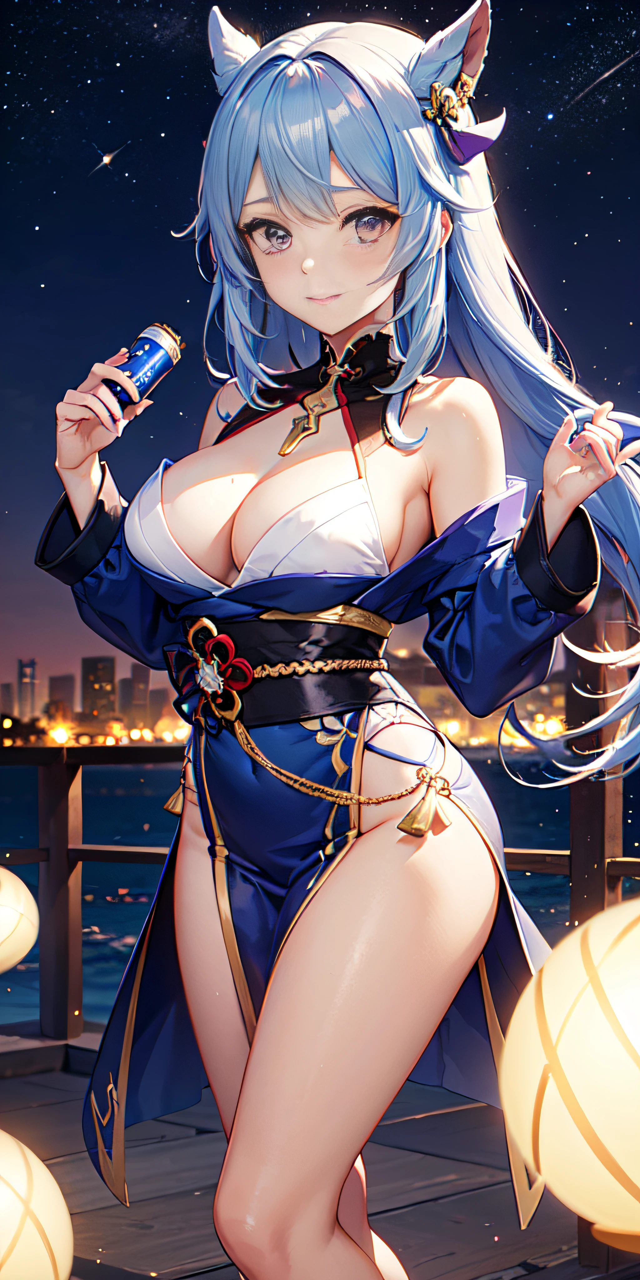 18yr old, only 1 girl, anime girl: (Ropa japonesa, cara simetrica, Cola de caballo ,cana, purple eyes, personalidad: seductora profesional), Magical Circle, fuego azul, Llamas azules, papel tapiz, Paisaje, sangre, salpicaduras de sangre, Profundidad de campo, Noche, light particles, rayos de luz, sidelit, Muslos, destino \(serie\), Genshin impact, Chaqueta abierta, falda, muslos altos, nube, Image captured with Canon EOS 50mm professional camera