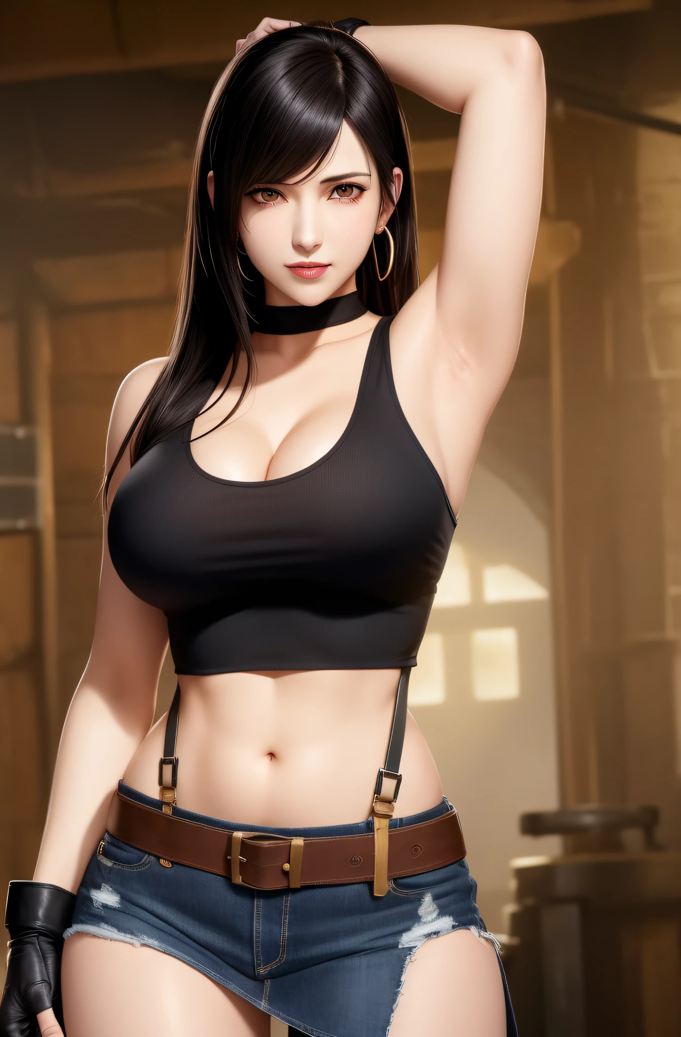 Tifa with suggestive and small lingerie, pose sensual, culo redondo, big breasts and light brown eyes. 8K, mejor calidad, obra maestra: 1.2