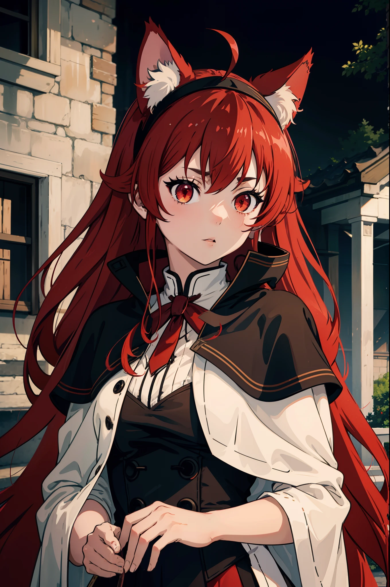 upper body, 1girl, Eris Greyrat, red hair, red eyes, ahoge, hairband, cat ears, capelet, coat, ears, outdoor ((masterpiece)), high detailed illustration, high detailed background, hi-res