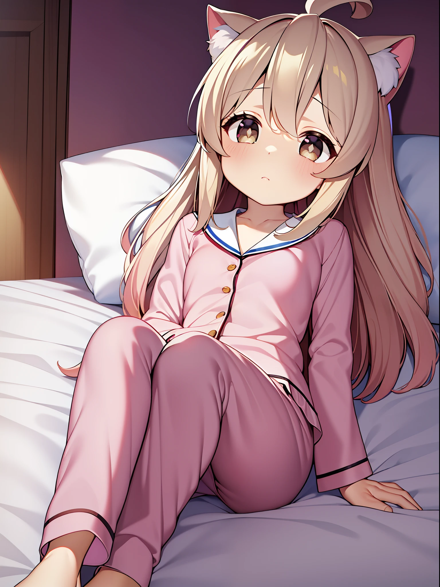 Masterpiece,Best quality,offcial art,Extremely detailed Cg Unity 8K wallpaper, Masterpiece, Best quality, Pink pajamas, incredibly_absurderes, ****, Girl, small breasts, sailor suite,oyamamahiro,Bedroom,Pink hair,Pink cat ears,on the bed,ahoge,brown eyes,