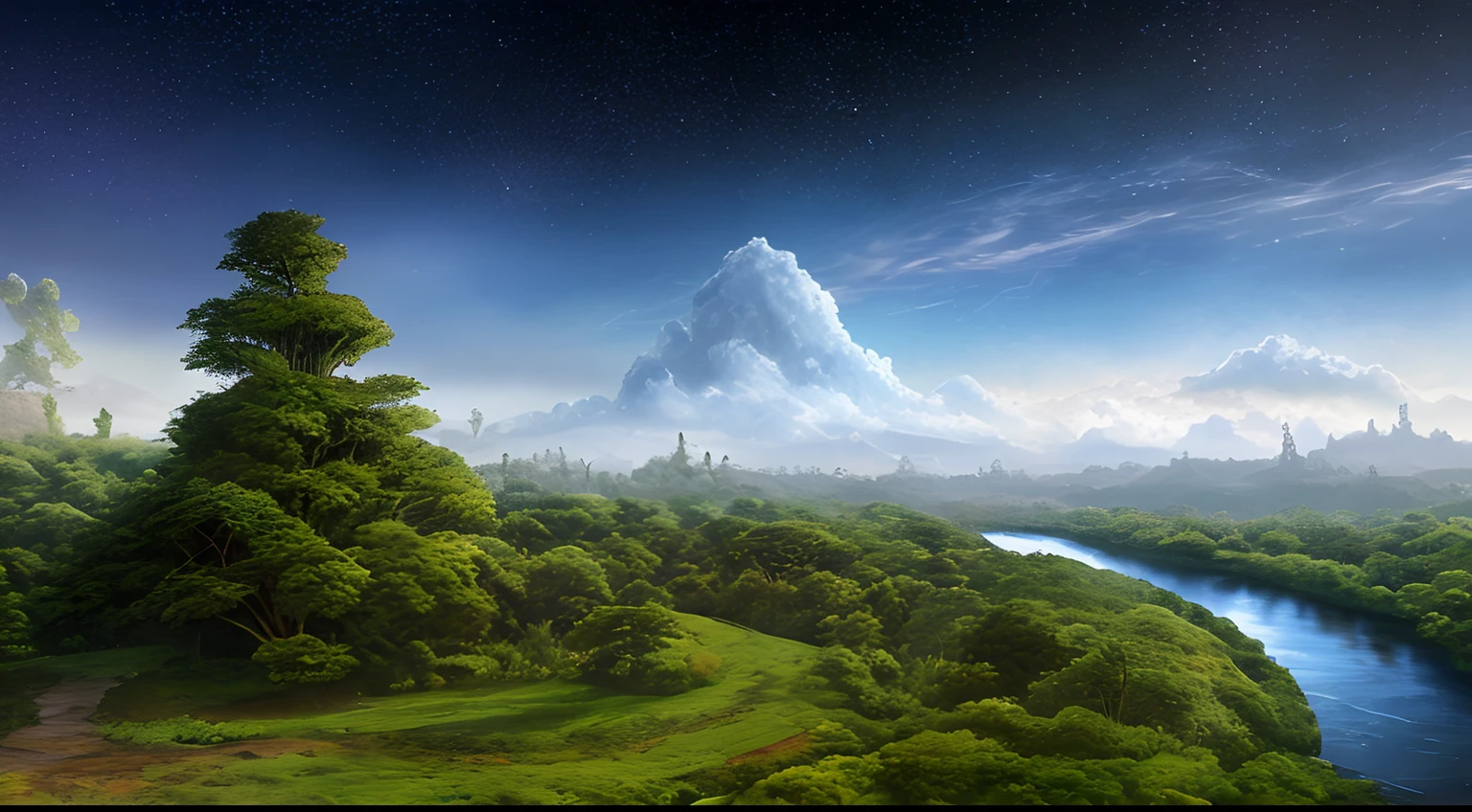 Illustration of a surreal, otherworldly, hyper sky scene including a giant crystal tree full body, highly detailed and magical lighting, intricate forest details, vegetation and surrounding river, solar punk, landscape, giant tree , beautiful green leaves, beautiful lighting and realistic proportions, as if this is a movie background, 8k, highest quality, masterpiece, clouds and stars in the sky.