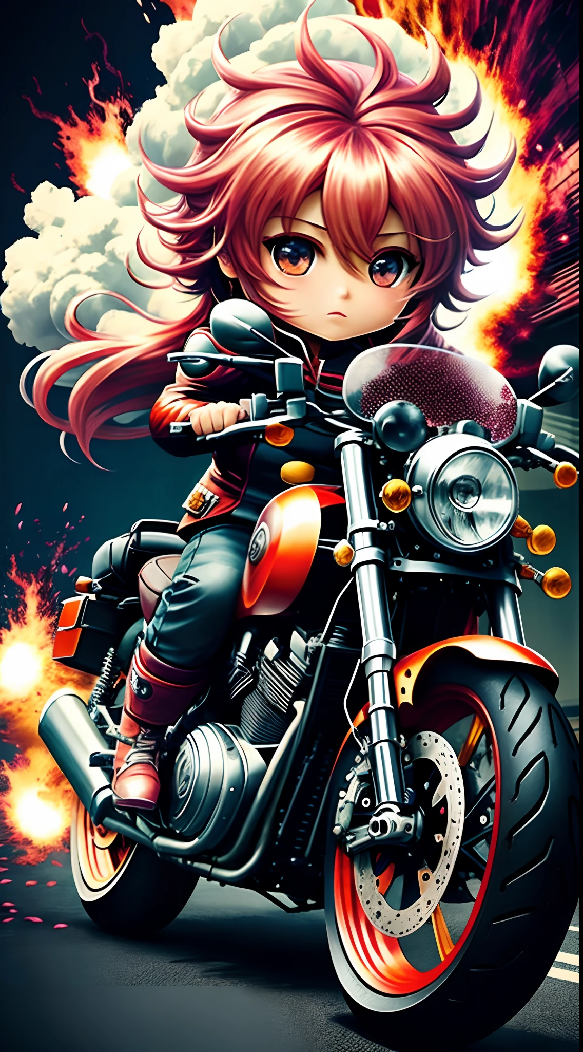 motorcycle,flower,character,Chibi,real,art, explosion,
yang08k, photography, beautiful,  colorful,realistic,
masterpieces, top quality, best quality, official art, beautiful and aesthetic,