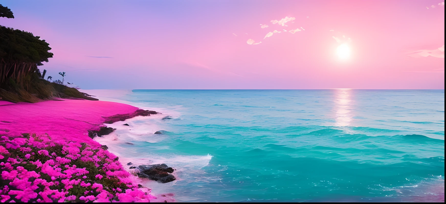 Pink moon, pink sky, soft pink clouds, pink ocean waves sparkling, sparkling, pink roses on pink ocean, fantasy, diamond, crown, universe, soft lights,