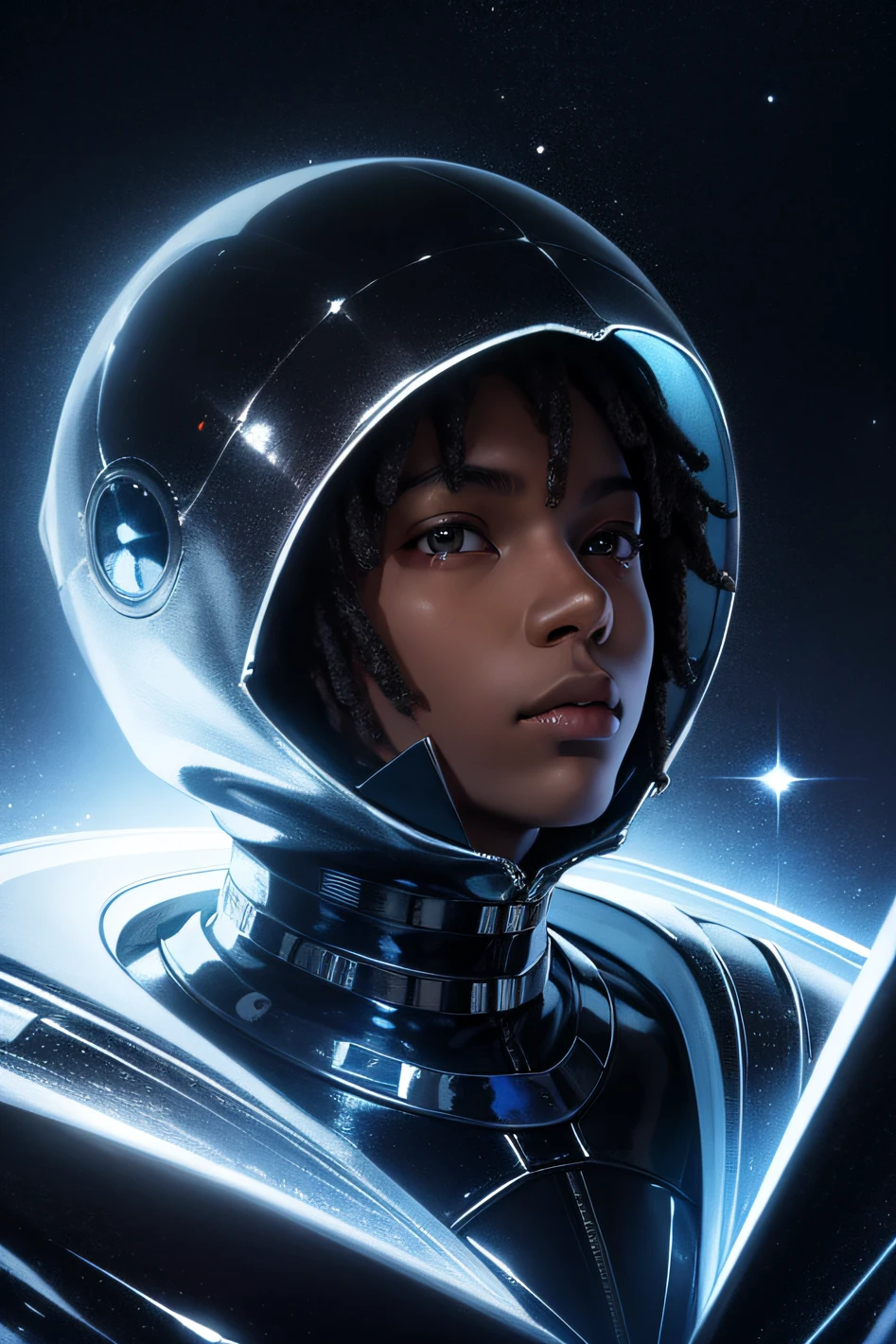 "A young human man, light brown skin, with a third eye in the middle of the forehead, dressed in a black astronaut suit and helmet, floating in outer space. Around, there are planets of different sizes and colors, bright stars and several spiral galaxies on dark space background.