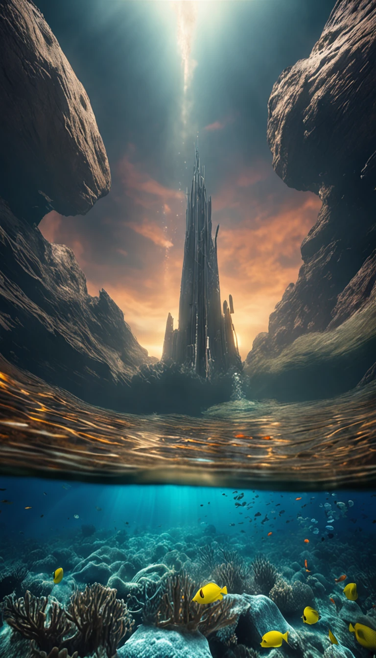 (((a CHROME ANCHOR stuck at the bottom of a DEEP Ocean floor))) shafts of sunlight filtering through the ocean's surface, illuminating the hidden world beneath, create a captivating underwater scene. vertical panorama, Ultra Wide View. UHD, masterpiece, award winning photo, expansive landscape photograph , (a view from below that shows sky above and open field below), (masterpiece:1.2), (best quality), 4k, ultra-detailed, (dynamic composition:1.4), highly detailed, colorful details,( iridescent colors:1.2), (glowing lighting, atmospheric lighting), dreamy, magical, (solo:1.2)