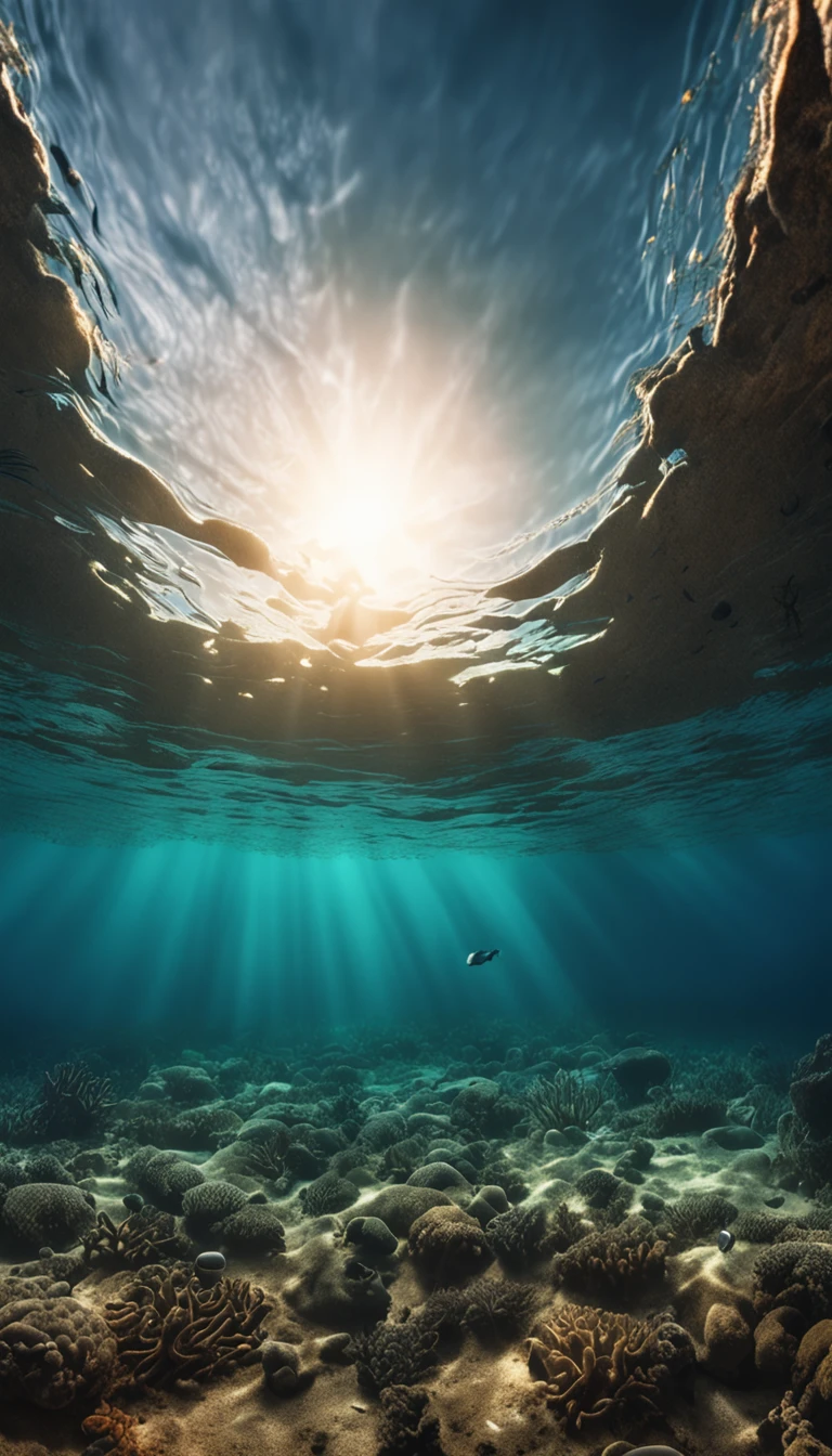 (((a CHROME ANCHOR stuck at the bottom of a DEEP Ocean floor))) shafts of sunlight filtering through the ocean's surface, illuminating the hidden world beneath, create a captivating underwater scene. vertical panorama, Ultra Wide View. UHD, masterpiece, award winning photo, expansive landscape photograph , (a view from below that shows sky above and open field below), (masterpiece:1.2), (best quality), 4k, ultra-detailed, (dynamic composition:1.4), highly detailed, colorful details,( iridescent colors:1.2), (glowing lighting, atmospheric lighting), dreamy, magical, (solo:1.2)