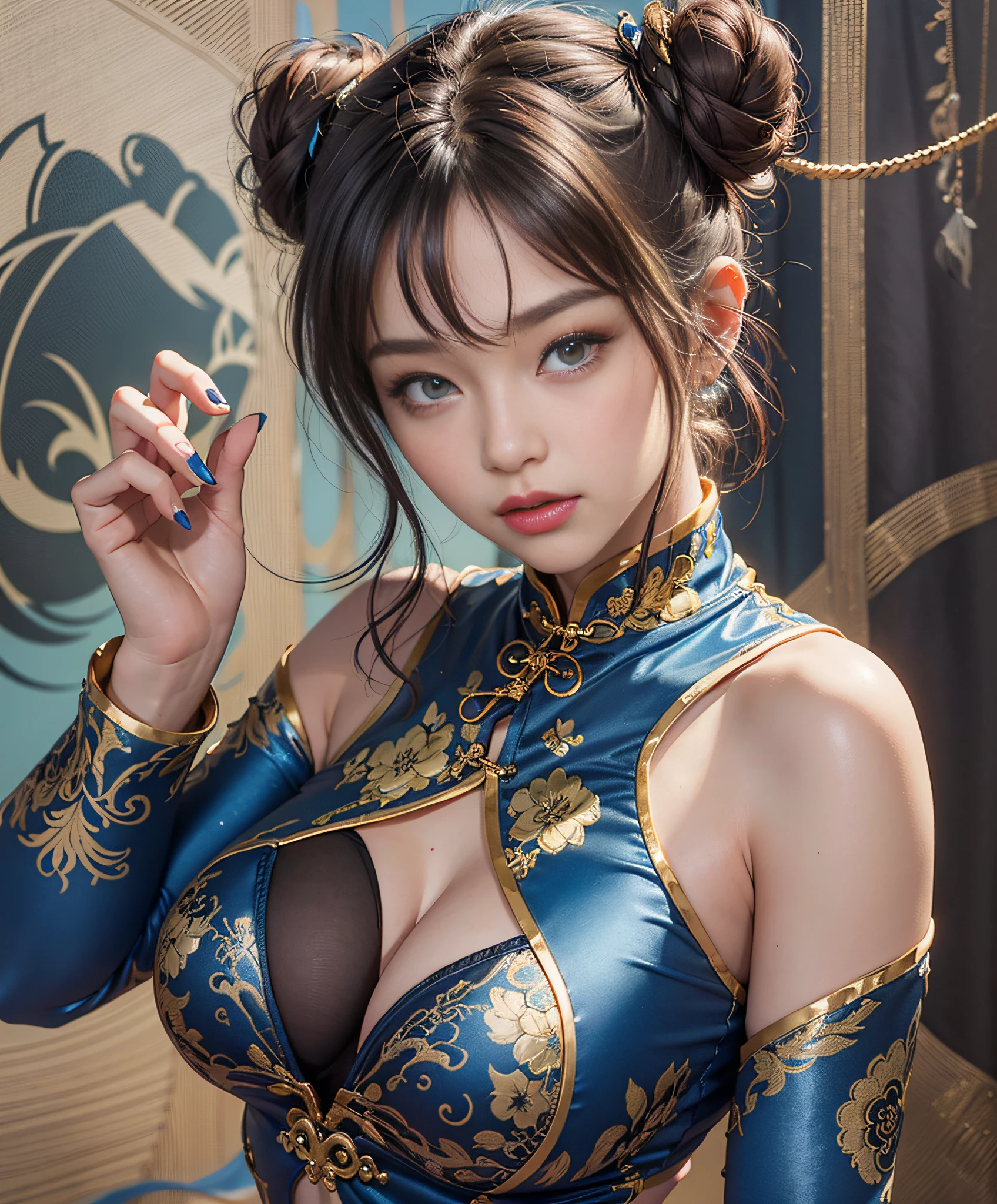 Woman in her 20s, Chunlim, (Perfect face), Defined jawline, Beautiful brown eyes, Beautiful lips, (short brown hair, Hair bun, Double bun), (Perfect hands), (Blue cheongsam fesam), Tight blue track pants, Spiky bracelet, (Vertical split pose), Looking at Viewer, (Medium Full Shot Photo), Realistic, Sexy possessions、(((Richly decorated with costumes)))、Kick Open Pose、Farbe々Variation Pose、Navel Ejection、Chinese landscape background,cleavage of the breast