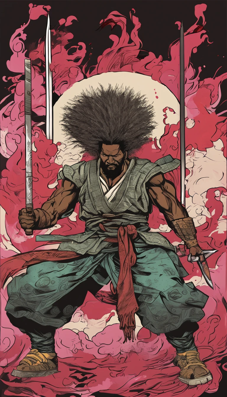T-shirt design, illustration ultra color, center art, fierce dragon background, Afuro Samurai) is a Japanese independent seinen manga (dōjinshi) criado por Takashi Okazaki, samurai_ (Afro samurai anime), weapon, 1man 38 years, solo, male focus, sword, greyscale, afro hair, manly, fierce, holding, scar on face, upper body, incredibly strong, rita rossweisse, gothic colors, mood of tension and terror, Artlist_Milli-Liter,style samurai, ink style, sketch style, hand-painted lines , Edge line, ink mark, Pencil line, vivid colors, super realistic, textured skin