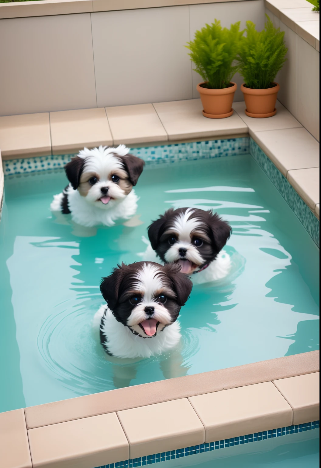hyper Quality,Cute two Shih Tzu puppies,different body colors,swimming in the pool,smile,black eyes,barking,narrow eyes,smile,eos r3 28mm