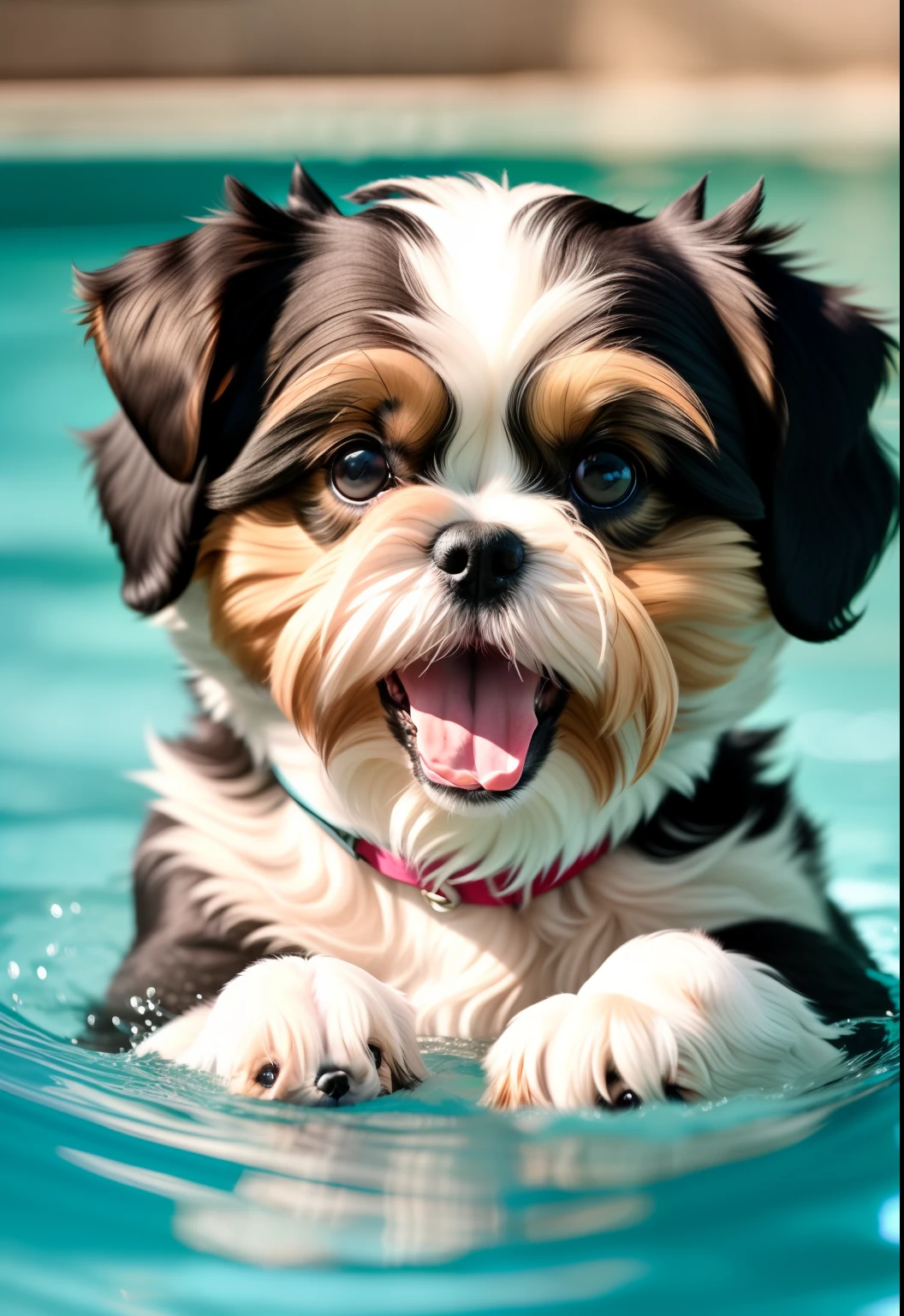 hyper Quality,Cute two Shih Tzu puppies,different body colors,swimming in the pool,smile,black eyes,barking,narrow eyes,smile,eos r3 28mm