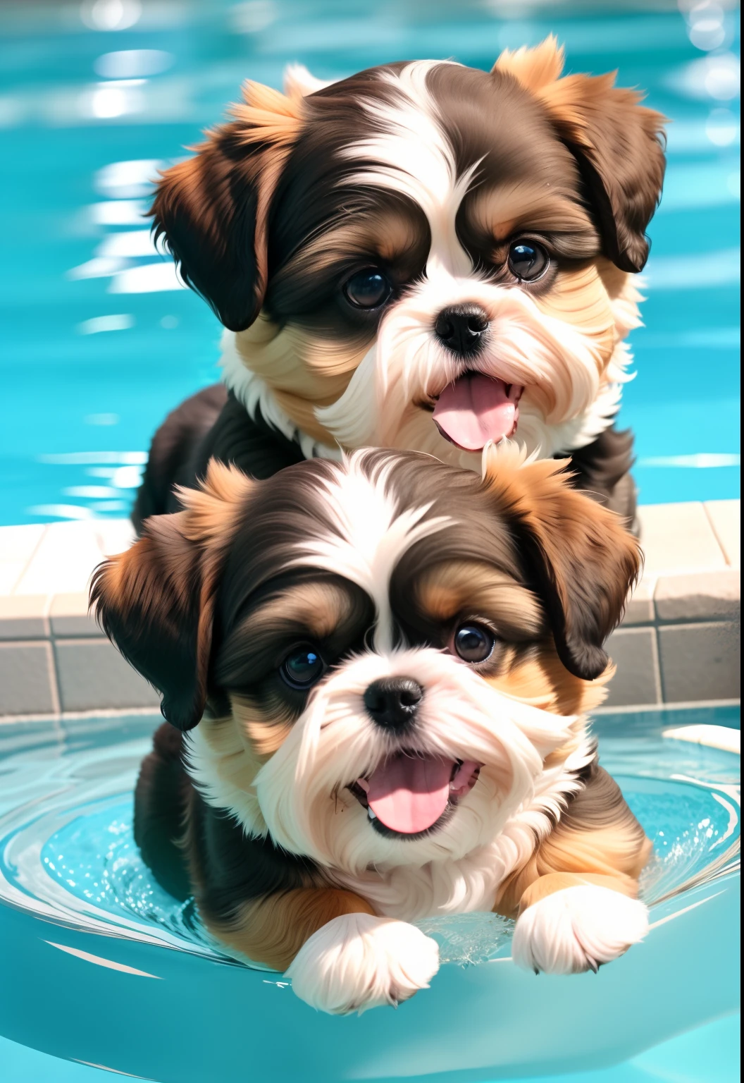 hyper Quality,Cute two Shih Tzu puppies,different body colors,swimming in the pool,smile,black eyes,barking,narrow eyes,smile,eos r3 28mm