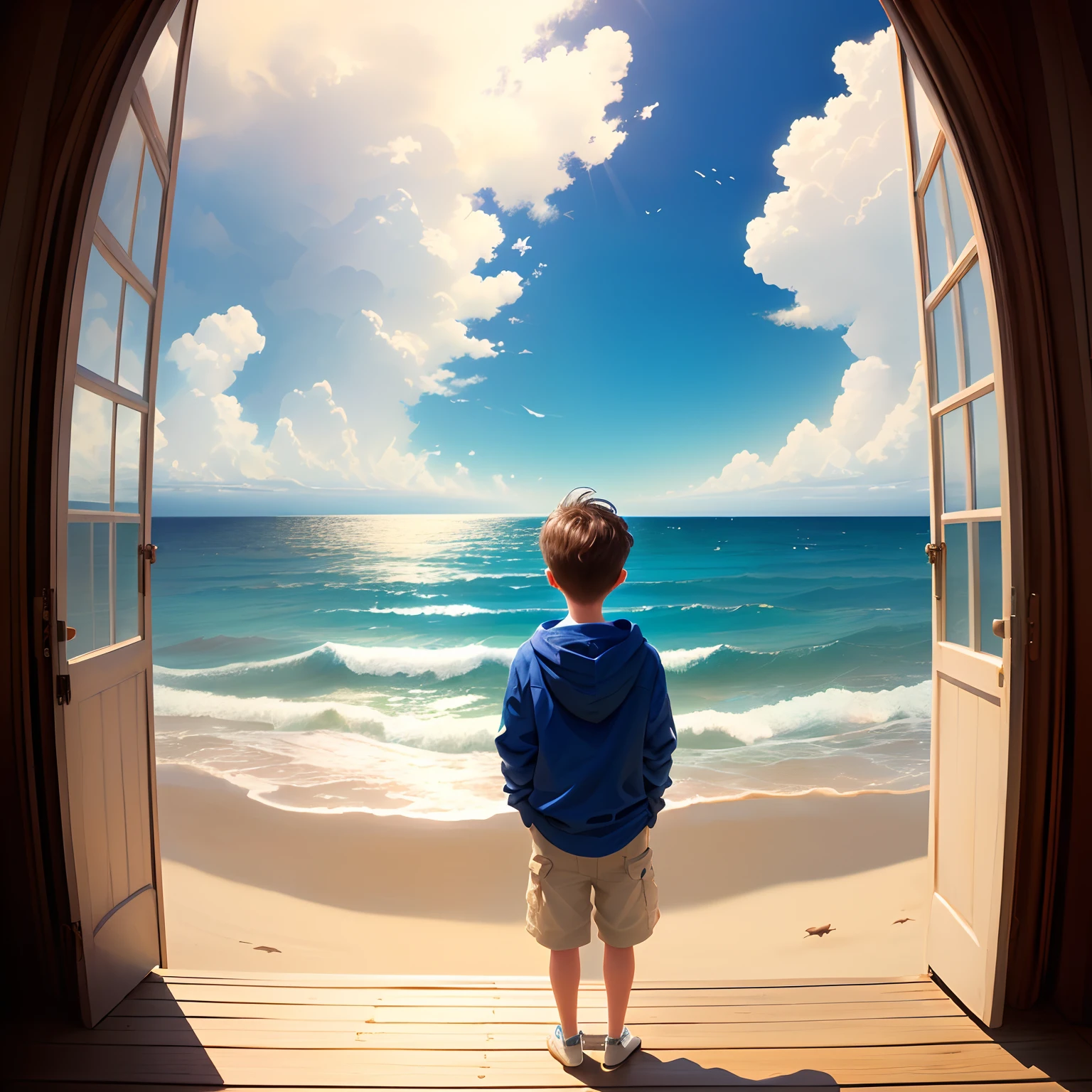 A sweet boy looked out at the ocean and dreamed of discovering what lay beyond the horizon.