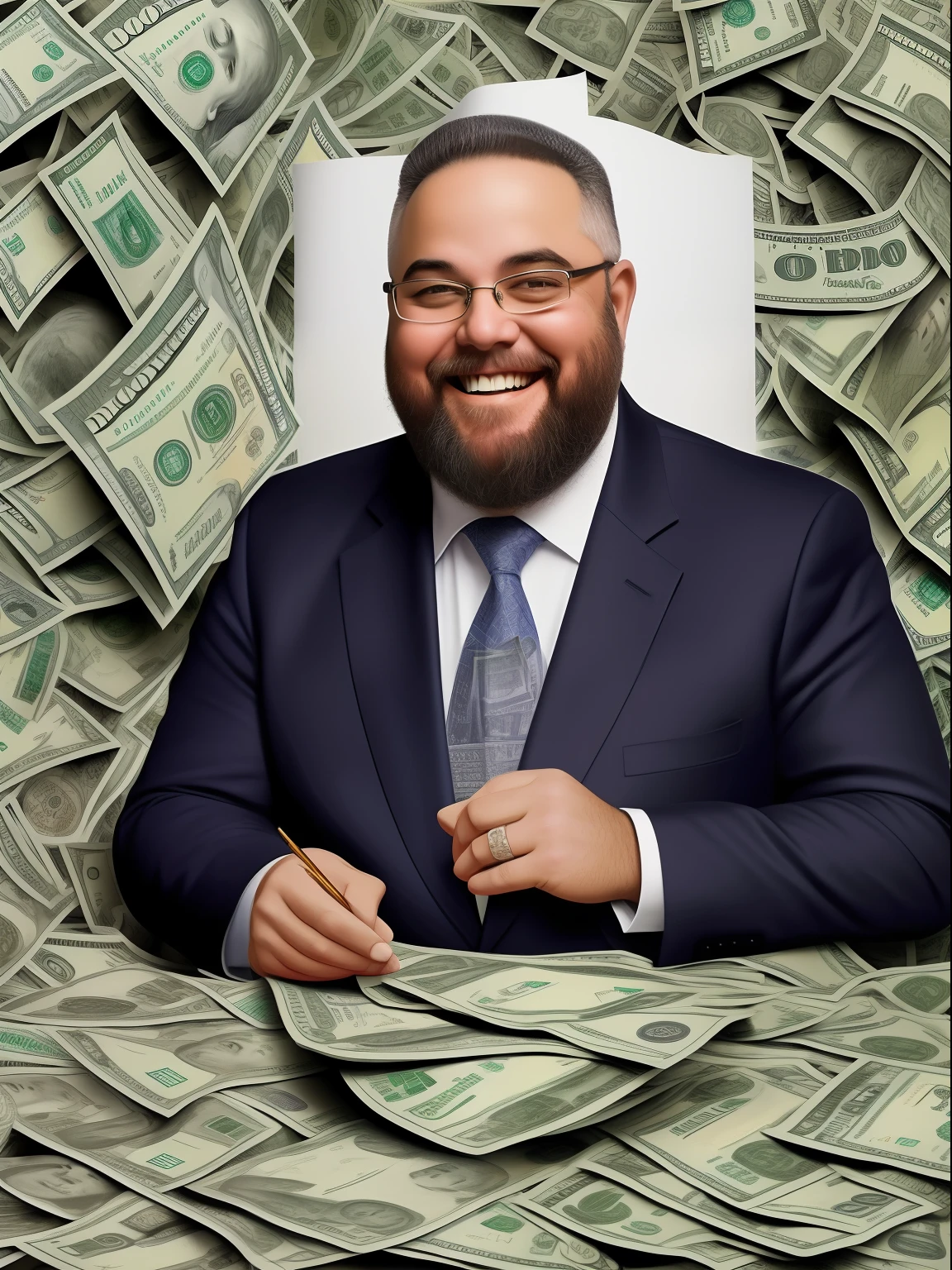 Uma pintura detalhada de um homem gordinho barbudo sorridente em um terno, surrounded by a flood of dollar bills, with the book Financial Freedom Formula at the center.