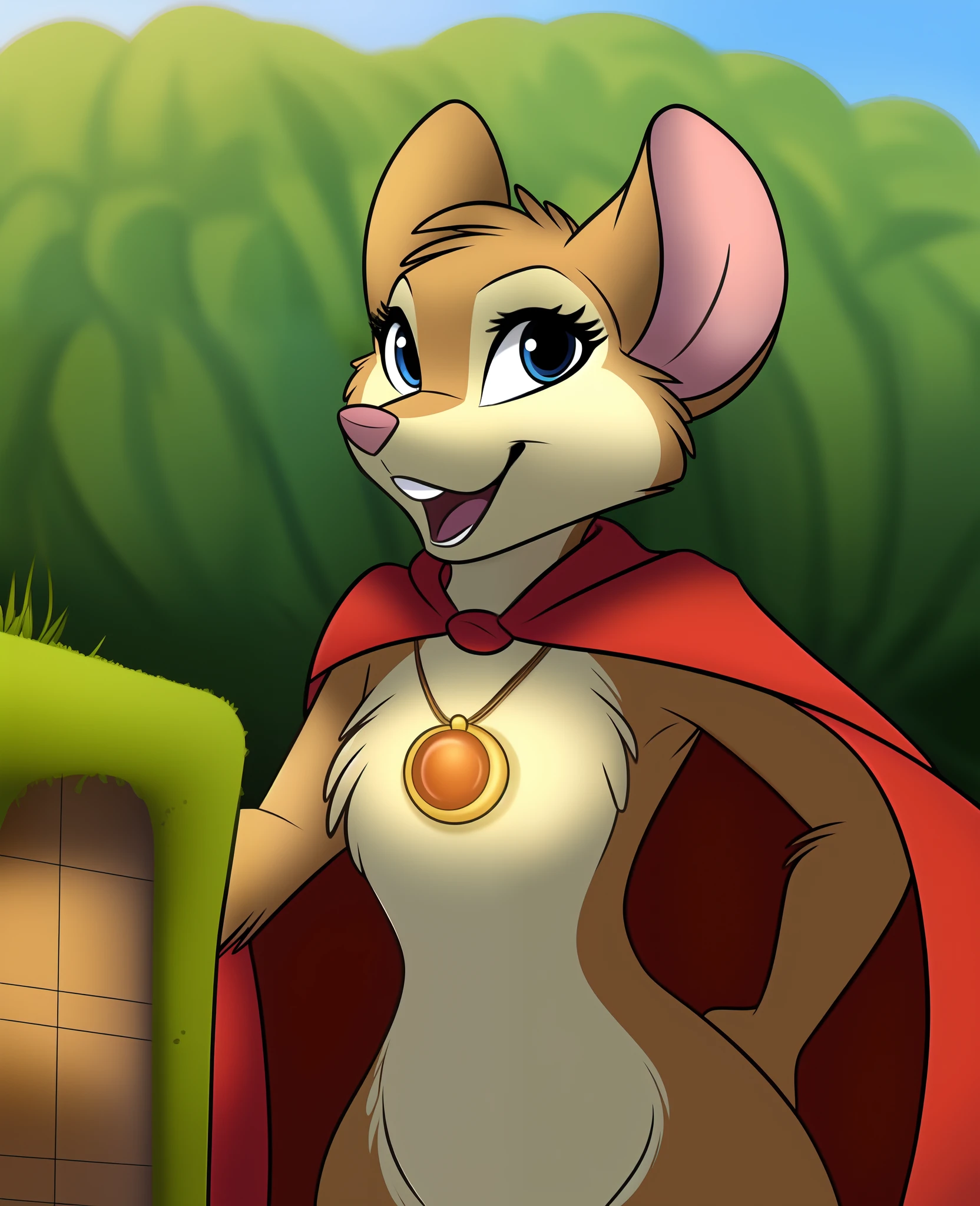 mrsbrisby, semi-anthro, furry female, portrait,  necklace, amulet, solo, standing, (body fur:1.3), (best quality:1.1), looking at viewer, (macro nature background:1.2), soft lighting, (detailed fluffy fur), smile,  tail, closed mouth,  cape only,