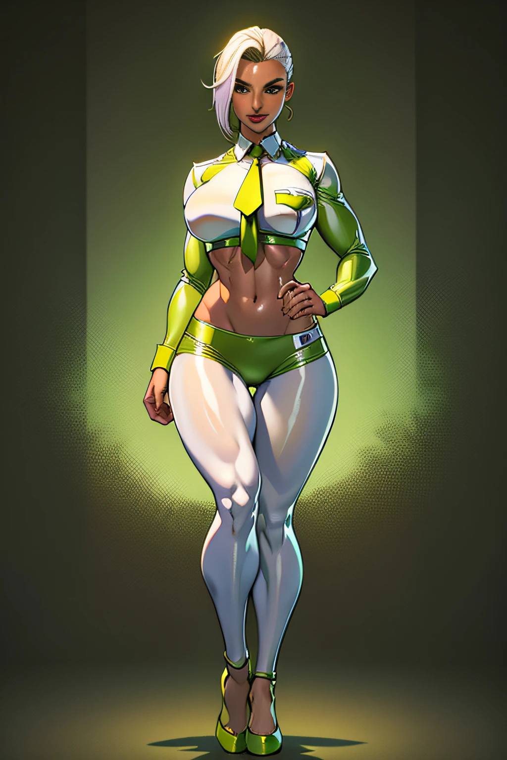 muscle girl,huge breats,personagem tem uma pele escura,, cabelo preto com um moicano branco, , The character is wearing green pants, imagem frontal de um personagem musculoso, protagonista de anime, personagem heroico e poderoso. wearing kimono,, walking, full body, medieval village, cape ,scarf, vest, alone, full body,wearing kimono smile, flip flops, pole-shirt,,medieval village