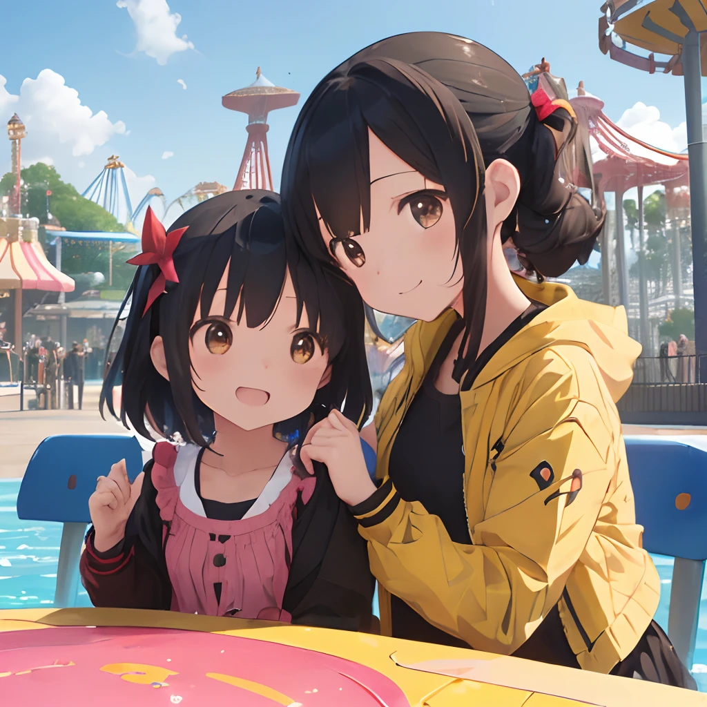 (masutepiece, Best Quality, Capture super cute moments, depth of fields, ultra-detailliert, Ultra High Resolution, C4D, Octadale, 3D Modeling, 8K, one girls、25-years old、A dark-haired、straight haired、Light brown eyes,hair adornments、Yellow jacket、Black pants、(ssmile)、2 yo girls、Red clothes、(Mother and daughter)、(Being in an amusement park)、(Playing in the water together)(sit on the table)