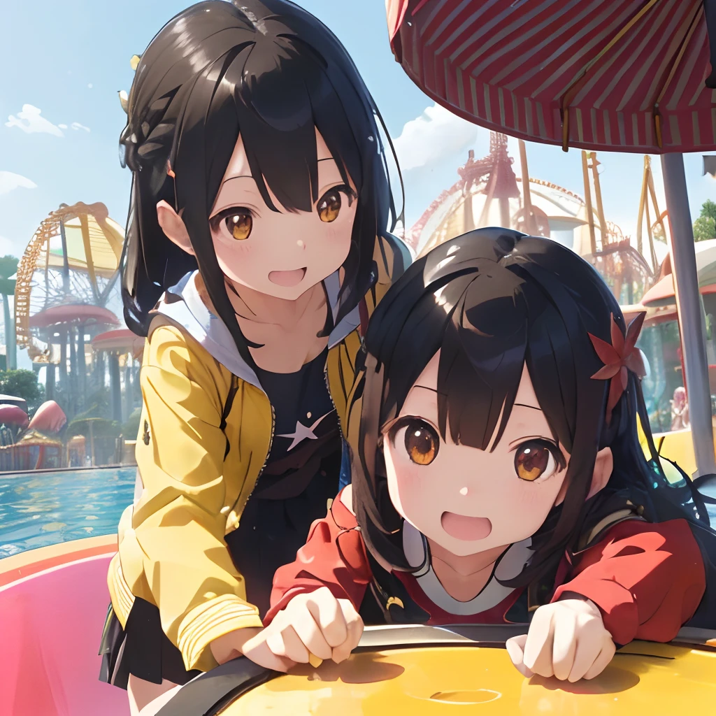 (masutepiece, Best Quality, Capture super cute moments, depth of fields, ultra-detailliert, Ultra High Resolution, C4D, Octadale, 3D Modeling, 8K, one girls、25-years old、A dark-haired、straight haired、Light brown eyes,hair adornments、Yellow jacket、Black pants、(ssmile)、2 yo girls、Red clothes、(Mother and daughter)、(Being in an amusement park)、(Playing in the water together)(sit on the table)