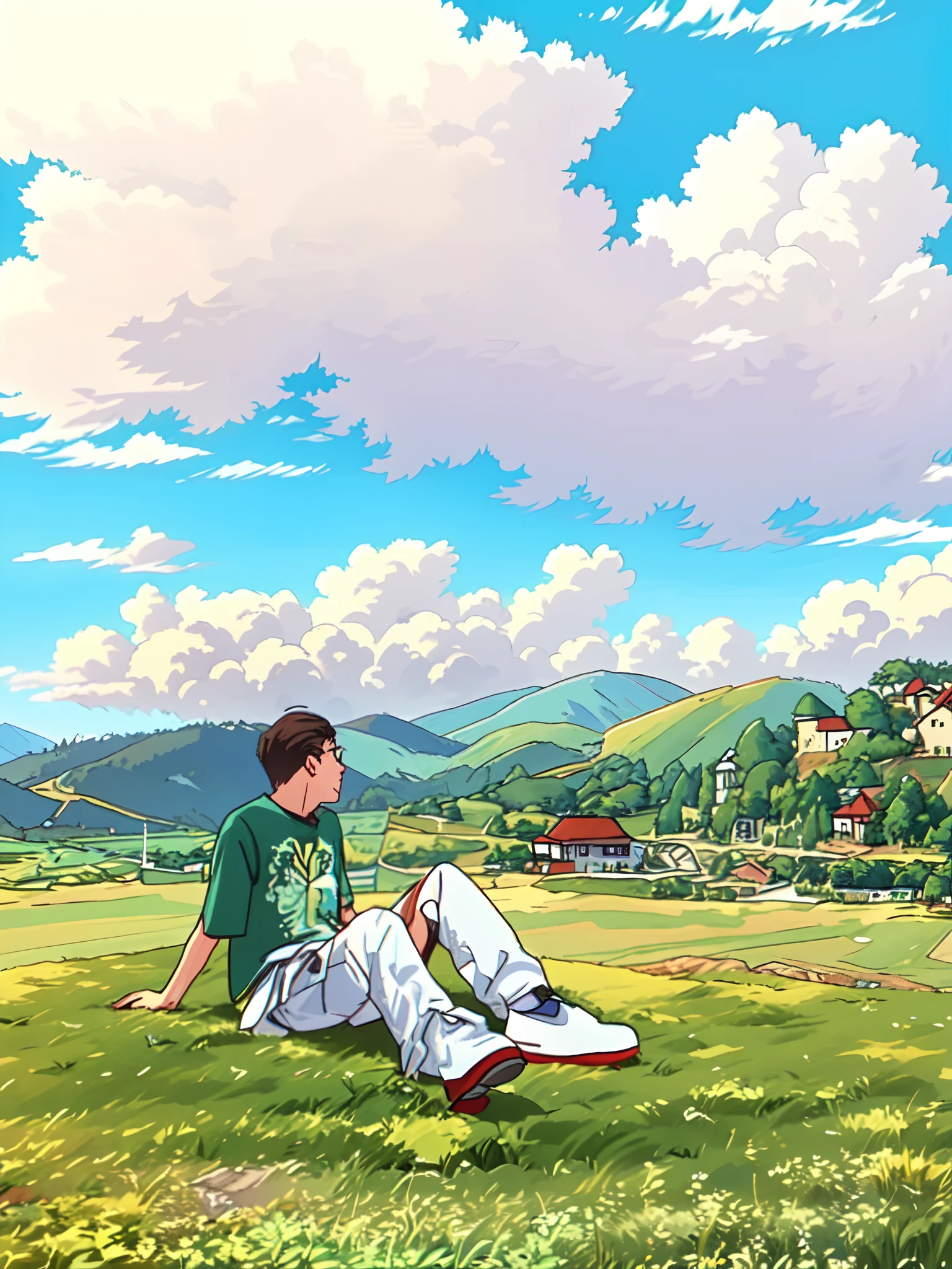 there is a man sitting on the grass in the field, on a green hill, chill time. good view, sitting on green grass, background is heavenly, lie on white clouds fairyland, taken with sony alpha 9, taken with canon 8 0 d, on a sunny day, in a scenic background, sitting cutely on a mountain, hills in the background