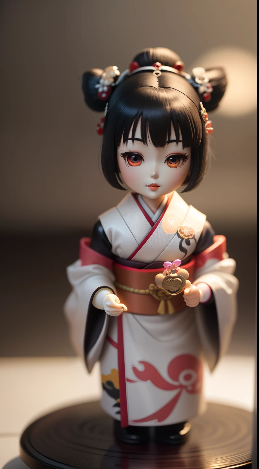 A small anime doll, Depiction of geisha, Inside the blind box, Place on a small pedestal, On a clean white background, Artificial light lighting. The artwork is of top-notch photographic quality, Capture every intricate detail of anime dolls.