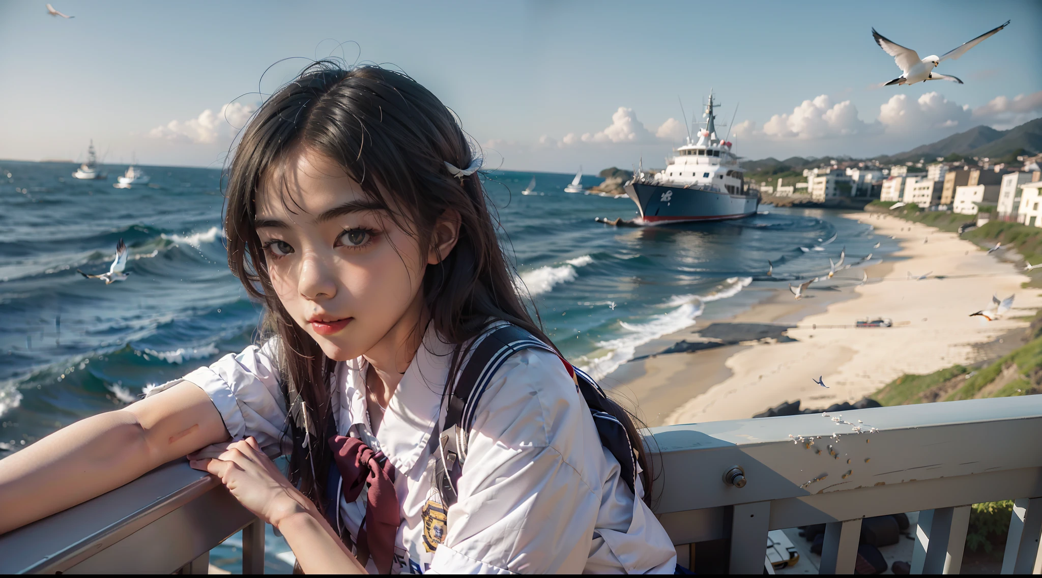 In a Japanese anime style，A schoolgirl sits on an embankment by the sea，Wear a student uniform，Long hair flutters in the wind，There are boats and seagulls in the distance，Blue sea