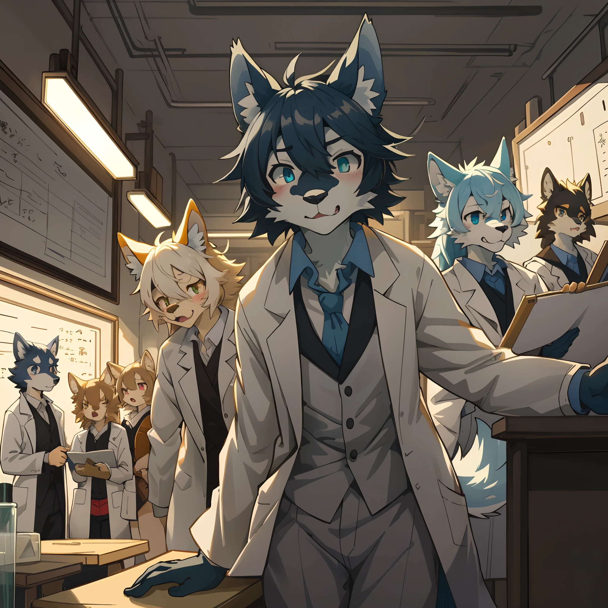 top quality, best quality, High-quality illustrations, masterpiece, super high resolution, detailed background, Handouts((college professor))Dirty lab coat, class, Difficult formulas, white board, 6+boys, 6+girls, absurdres(highly detailed beautiful face and eyes)perfect anatomy, expression, good lighting, cinematic shadow(kemono, furry anthro)assorted poses, dynamic angle,
