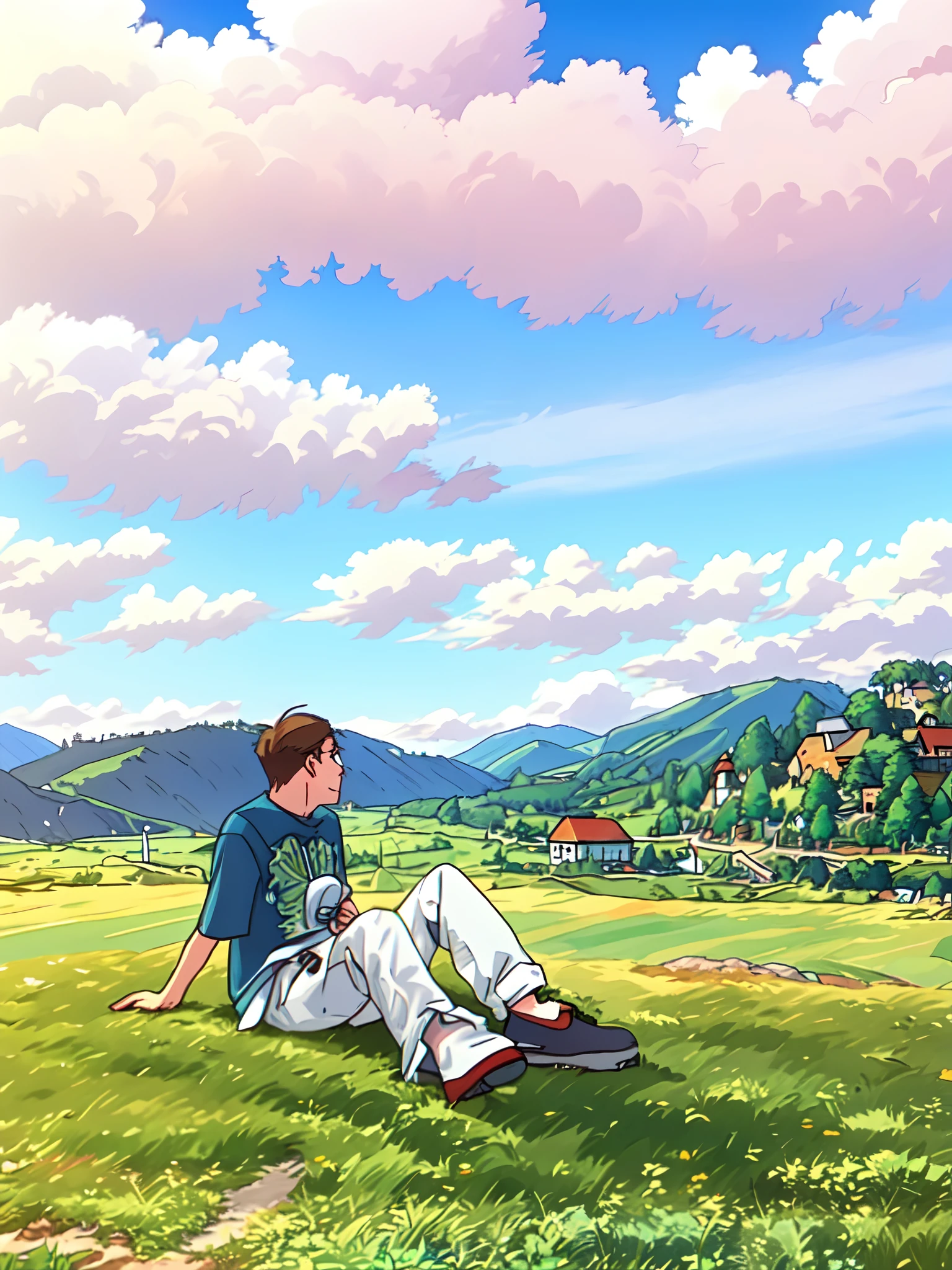 there is a man sitting on the grass in the field, on a green hill, chill time. good view, sitting on green grass, background is heavenly, lie on white clouds fairyland, taken with sony alpha 9, taken with canon 8 0 d, on a sunny day, in a scenic background, sitting cutely on a mountain, hills in the background