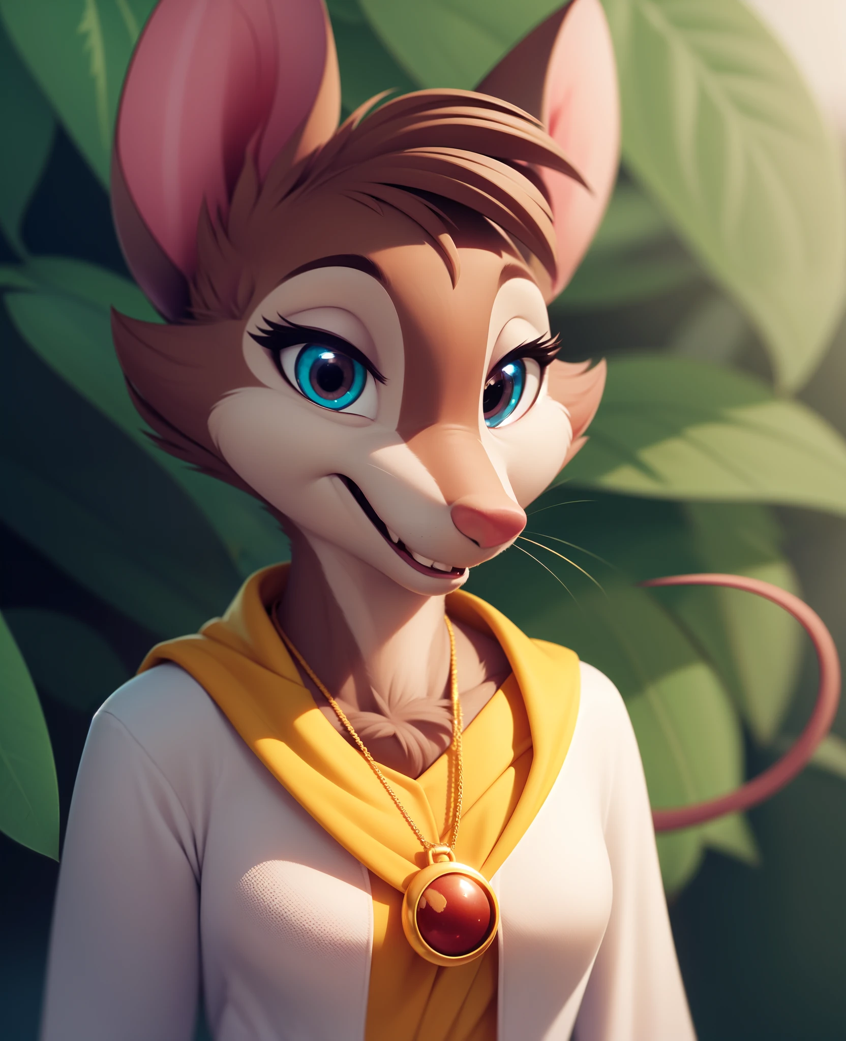 mrsbrisby, semi-anthro, furry female, portrait,  necklace, amulet, solo, standing, (body fur:1.3), (best quality:1.1), looking at viewer, (macro nature background:1.2), soft lighting, (detailed fluffy fur), smile,  tail, closed mouth,  cape only,