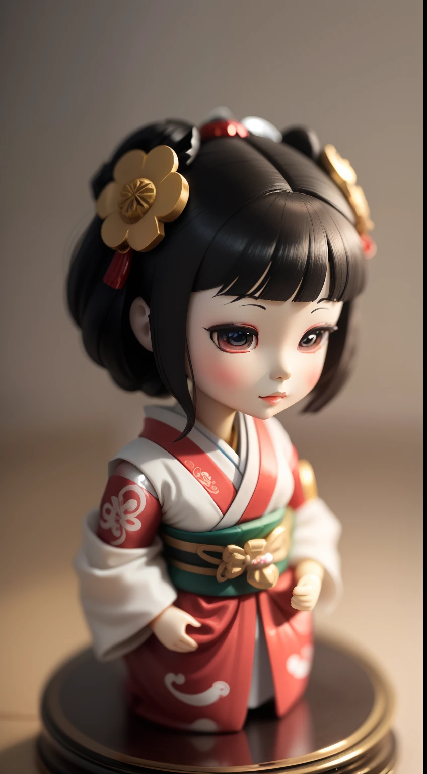 A small anime doll, Depiction of geisha, Inside the blind box, Place on a small pedestal, On a clean white background, Artificial light lighting. The artwork is of top-notch photographic quality, Capture every intricate detail of anime dolls.