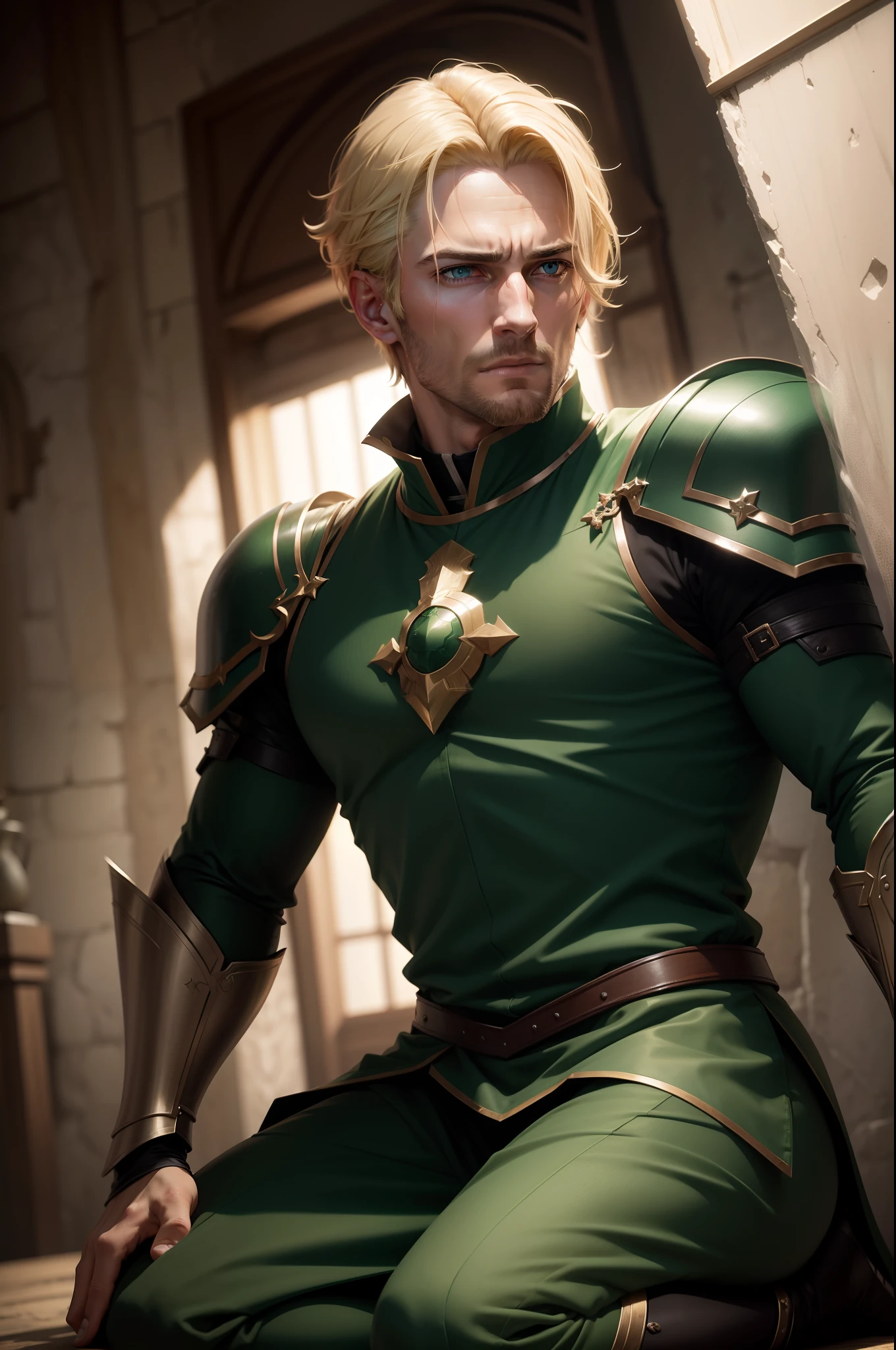 realistic 8k image of a handsome man in his 30s, blond with short hair, strong, extremely detailed green eyes, dressed in dark cleric clothes and with dark green shoulder pads, expression of assent, kneeling in an interrogation room, art style anime