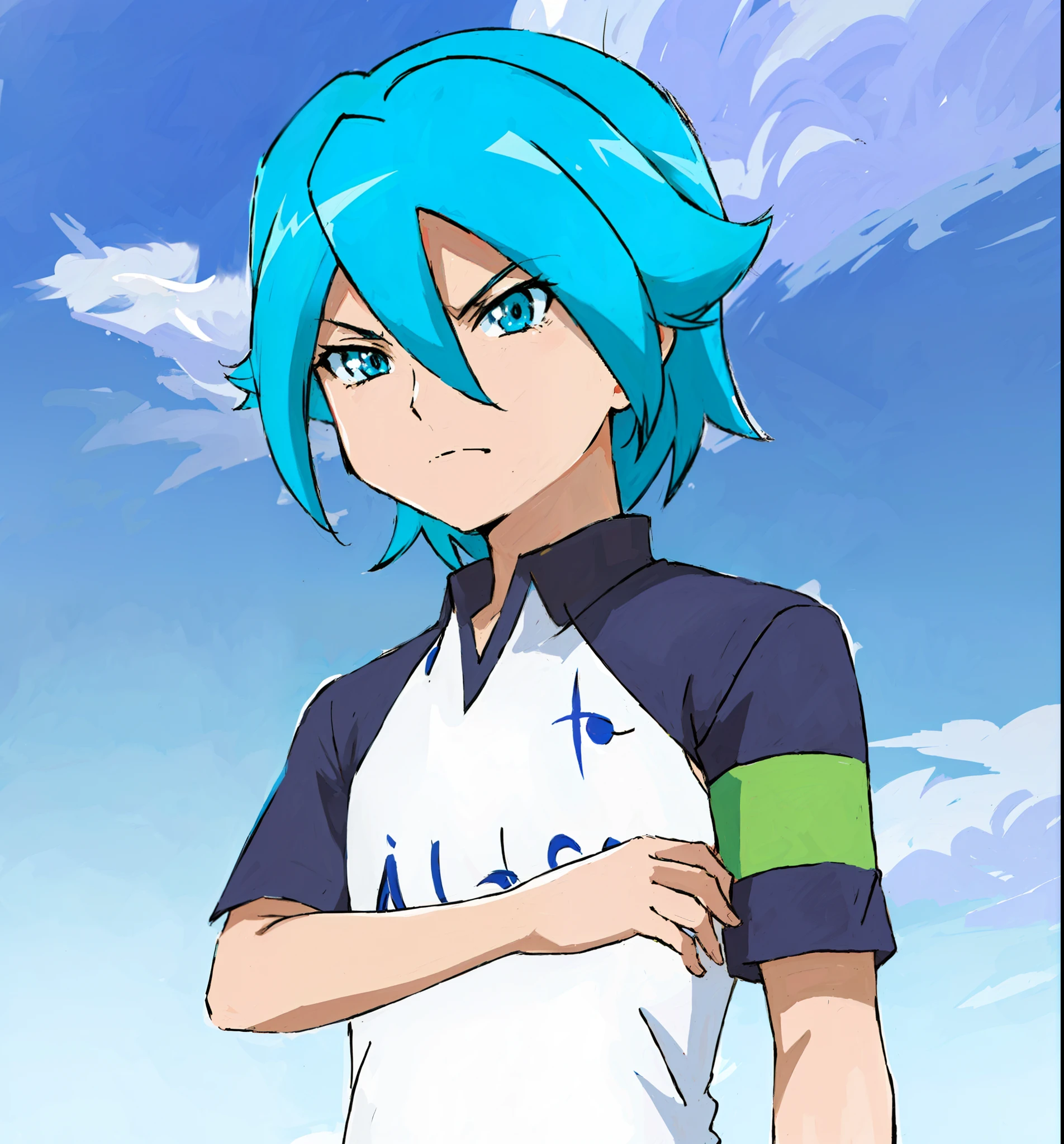 um close up de uma pessoa com cabelo azul e uma camisa, 2 d estilo anime, Tensei Shitara Slime Datta Ken, Foto de perfil de Rimuru Tempest, imagem de anime safebooru, como um personagem de anime, anime com cabelo martelo, tsunami behind him, Otaku Gangasta, Gurren Lagan, personagem de anime masculino, 2 d anime