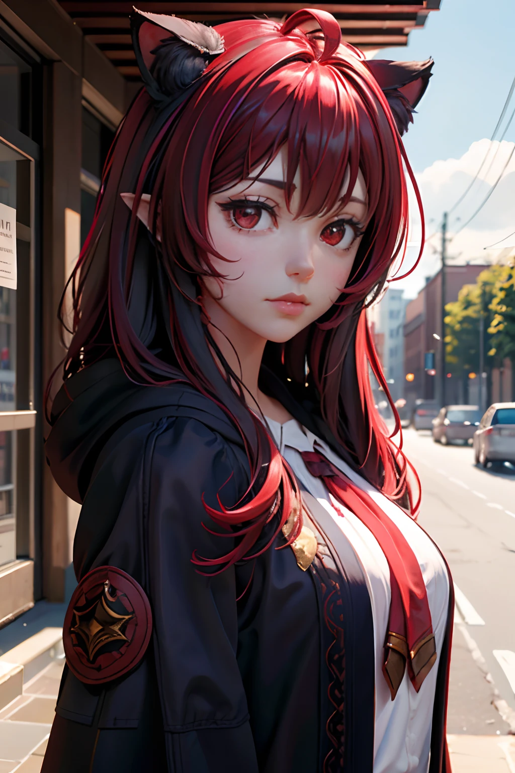 Upper body, 1girll, eris greyrat, Red hair, Red eyes, ahoge, shairband, Cat ears, cloaks, Coat, hor ears, En plein air ((Masterpiece)), high detail illustration, high detailed background, A high resolution