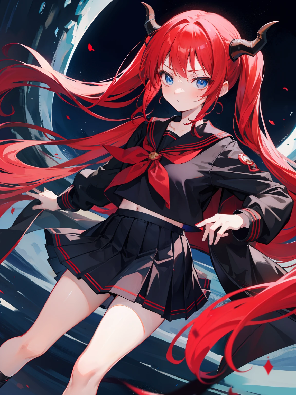 red hair, blue eyes, twintails, Sailor suit,black coat, Dragon horns,Pleated skirt,solo,li,cute,bow