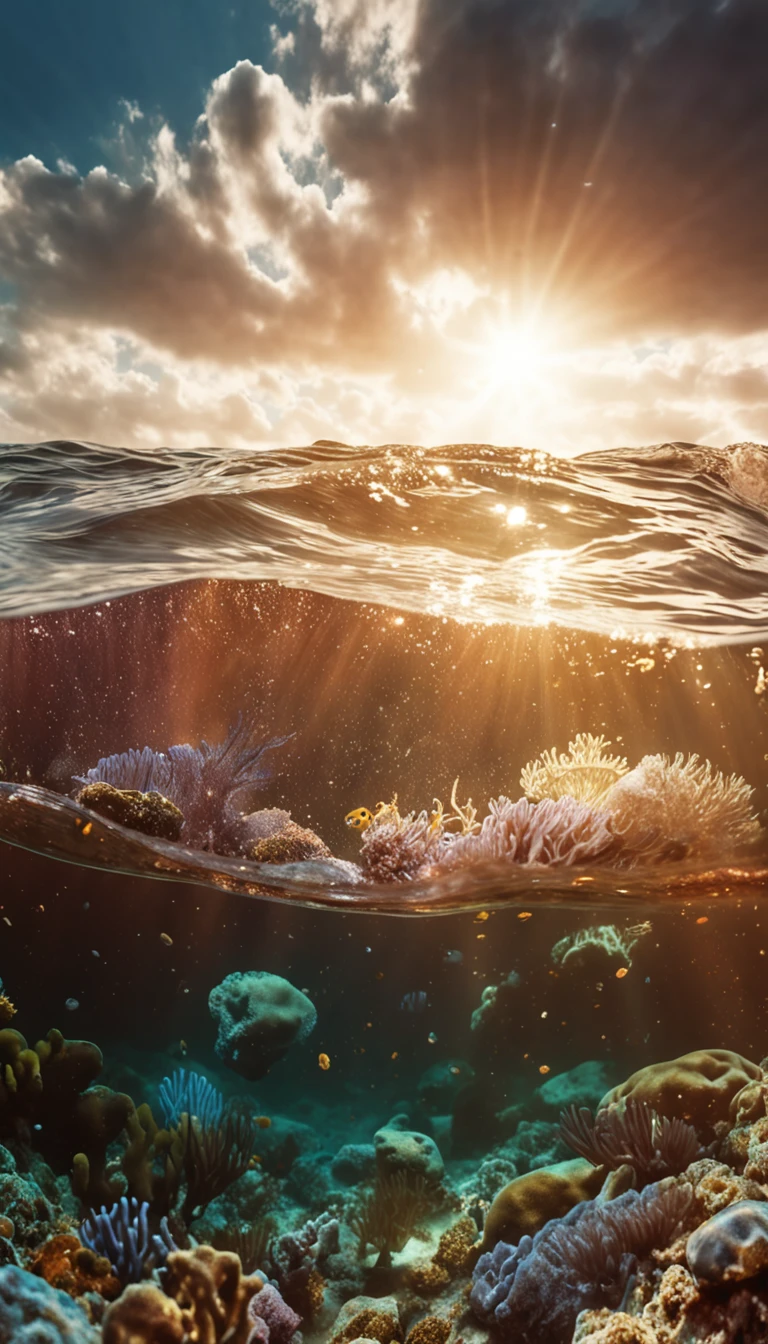 (((show a CHROME ANCHOR stuck at the bottom of a DEEP Ocean floor))) shafts of sunlight filtering through the ocean's surface, illuminating the hidden world beneath, create a captivating underwater scene. vertical panorama, Ultra Wide View. UHD, masterpiece, award winning photo, expansive landscape photograph , (a view from below that shows sky above and open field below), (masterpiece:1.2), (best quality), 4k, ultra-detailed, (dynamic composition:1.4), highly detailed, colorful details,( iridescent colors:1.2), (glowing lighting, atmospheric lighting), dreamy, magical, (solo:1.2)