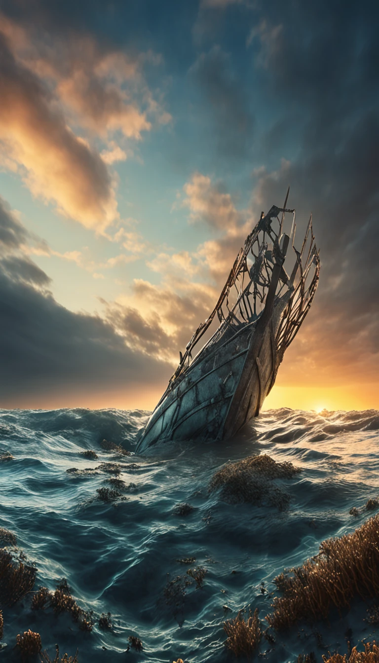 (((show a CHROME ANCHOR stuck at the bottom of a DEEP Ocean floor))) shafts of sunlight filtering through the ocean's surface, illuminating the hidden world beneath, create a captivating underwater scene. vertical panorama, Ultra Wide View. UHD, masterpiece, award winning photo, expansive landscape photograph , (a view from below that shows sky above and open field below), (masterpiece:1.2), (best quality), 4k, ultra-detailed, (dynamic composition:1.4), highly detailed, colorful details,( iridescent colors:1.2), (glowing lighting, atmospheric lighting), dreamy, magical, (solo:1.2)