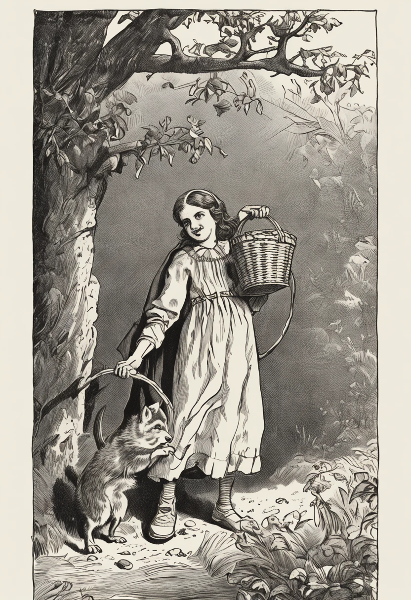 A girl in a red cape, Caperucita roja, un lobo feroz, Caperucita Roja, The girl carries a basket with fruits. Classic children's illustration, Caperucita Roja, Gran lobo feroz, Caperucita Roja, The wolf threatens the girl, , story book illustration, Richard Scarry, story book illustration, Ilustraciones de cuentos de hadas, Arte de cuento, por Jack Davis, storybook illustation, por Maurice Sendak, , detallado,